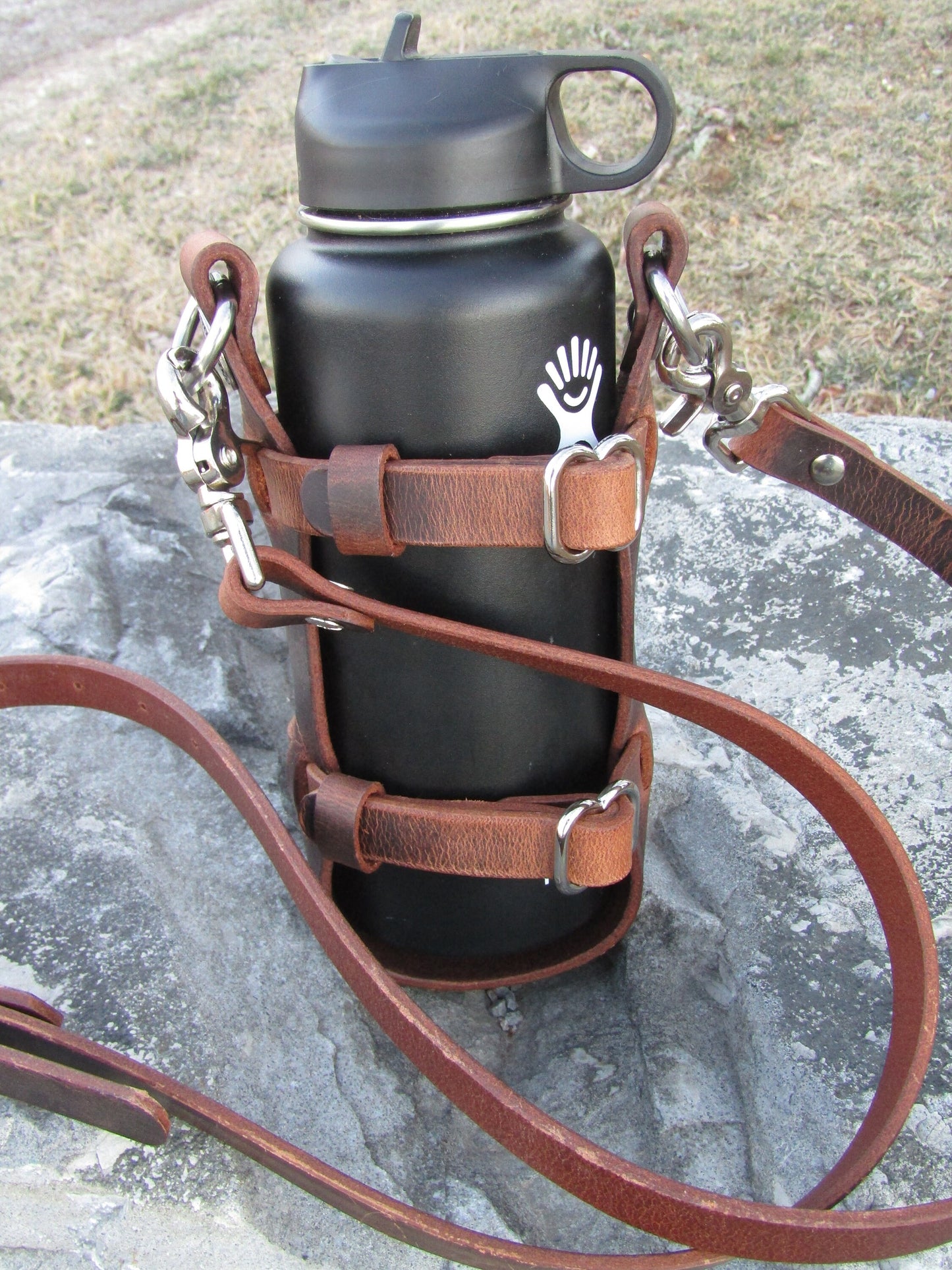 Adjustable Full Grain Water Buffalo leather water bottle carrier with shoulder strap, Jeremiah Watt Hardware