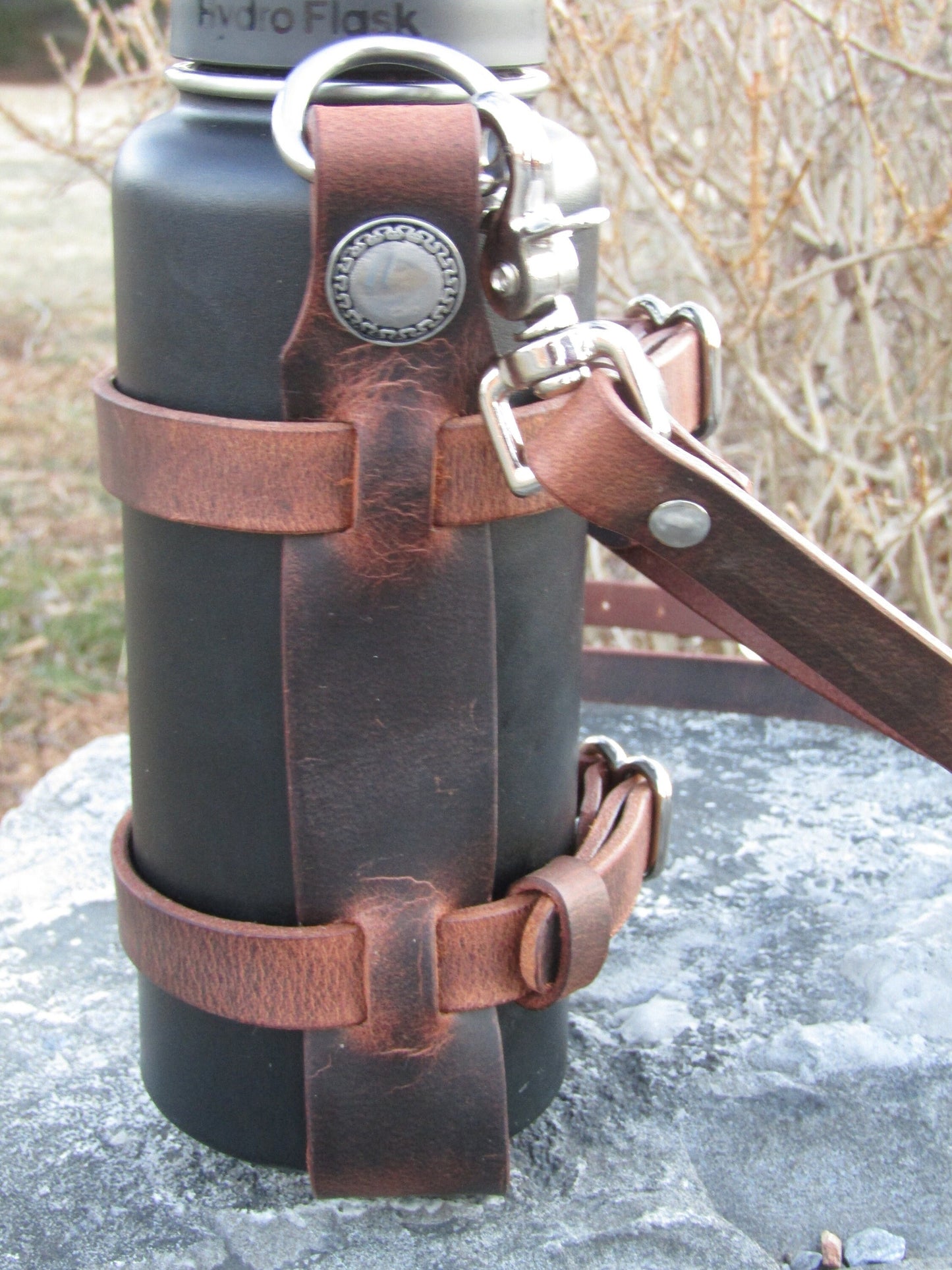 Adjustable Full Grain Water Buffalo leather water bottle carrier with shoulder strap, Jeremiah Watt Hardware