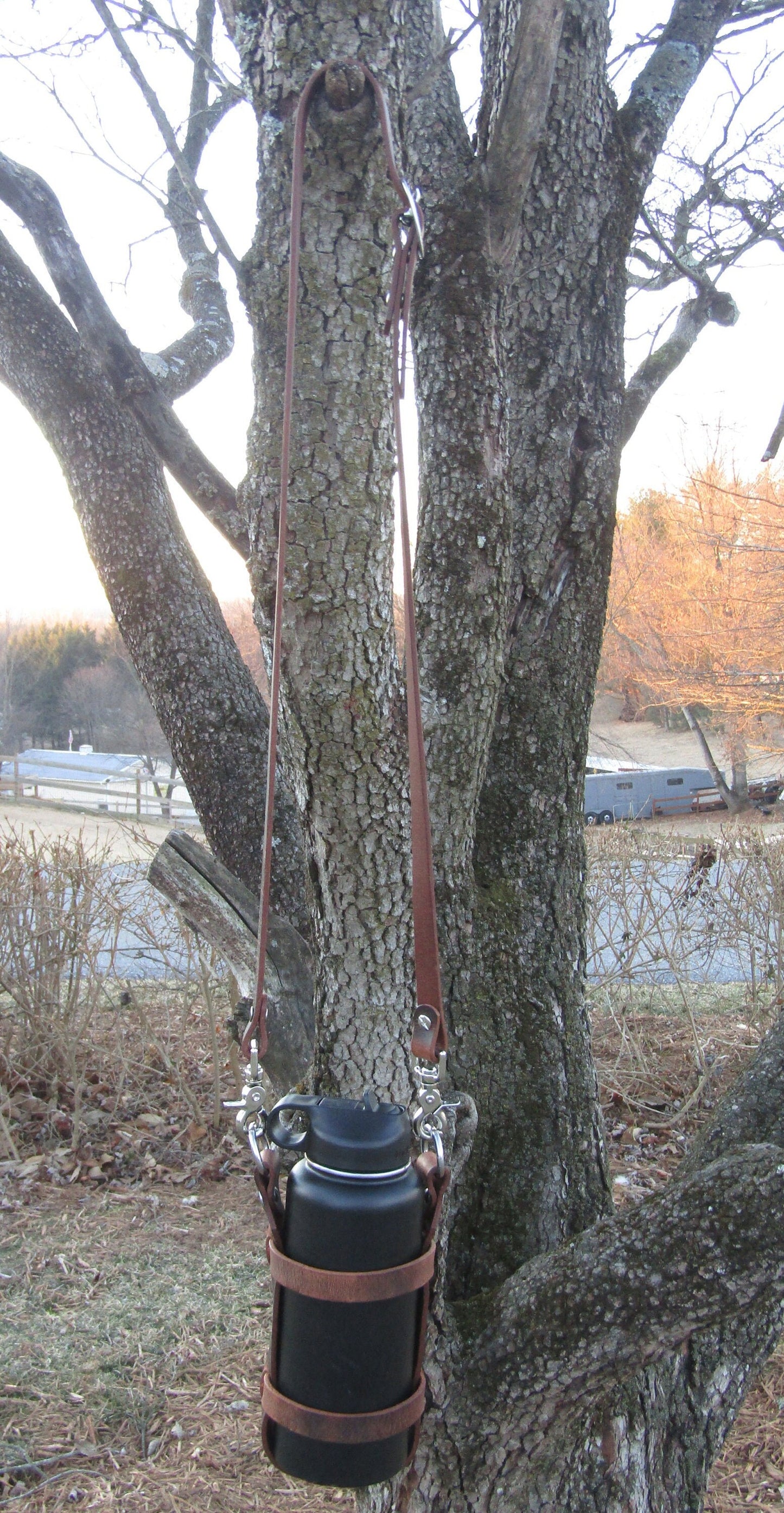 Adjustable Full Grain Water Buffalo leather water bottle carrier with shoulder strap, Jeremiah Watt Hardware