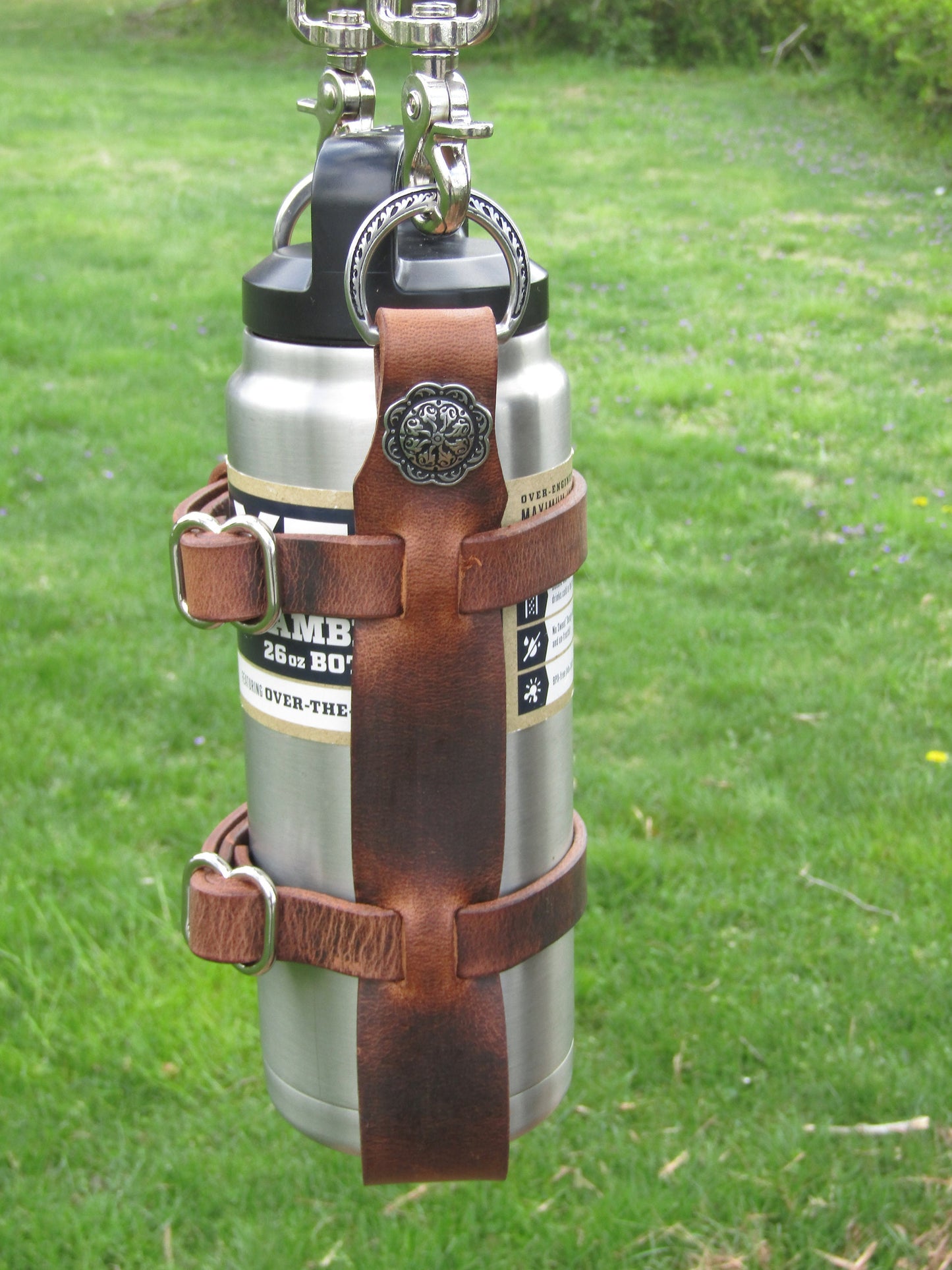 Adjustable Full Grain Water Buffalo leather water bottle carrier with shoulder strap, Jeremiah Watt Hardware