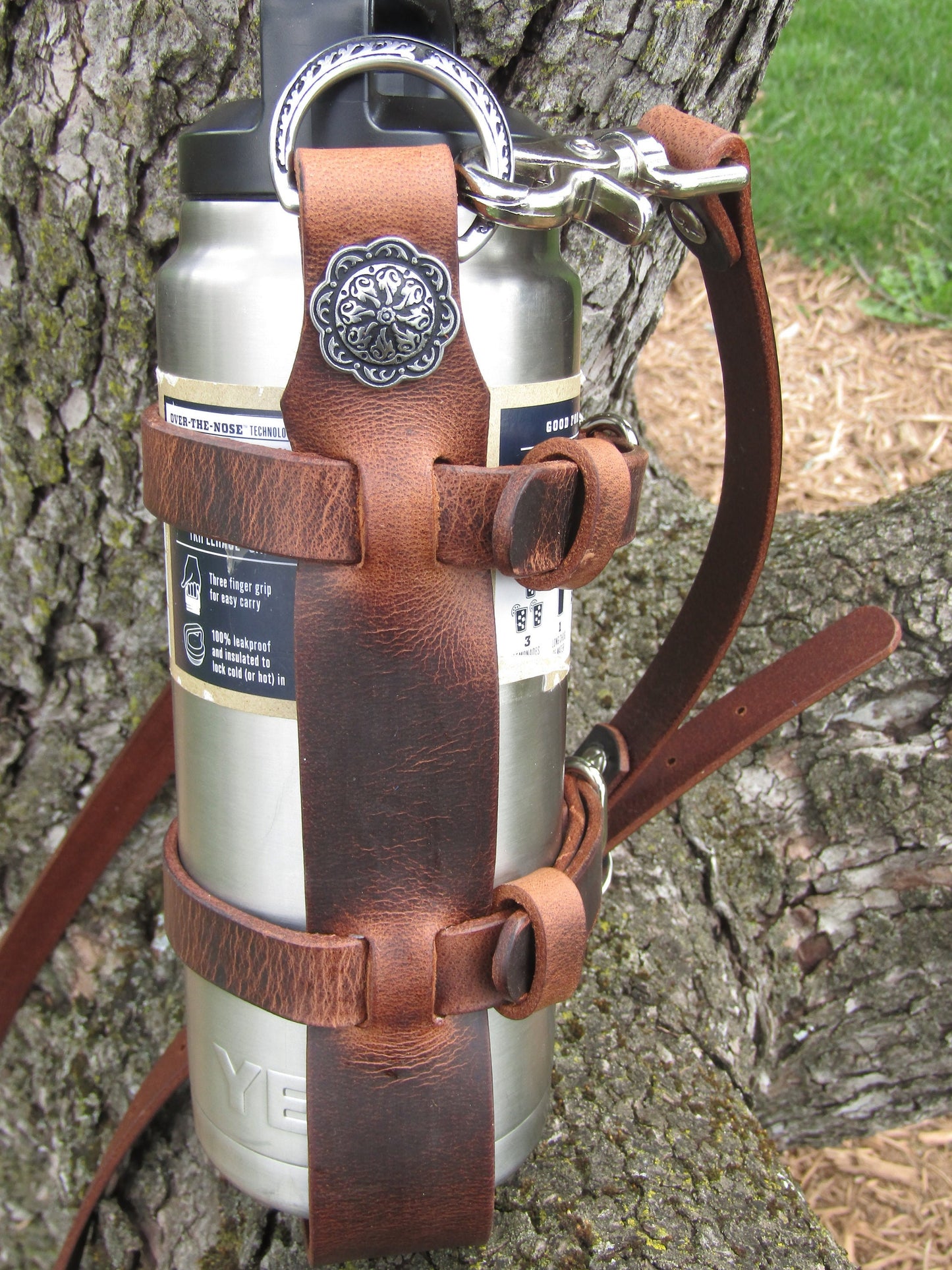 Adjustable Full Grain Water Buffalo leather water bottle carrier with shoulder strap Jeremiah Watt Hardware Water bottle carrying strap