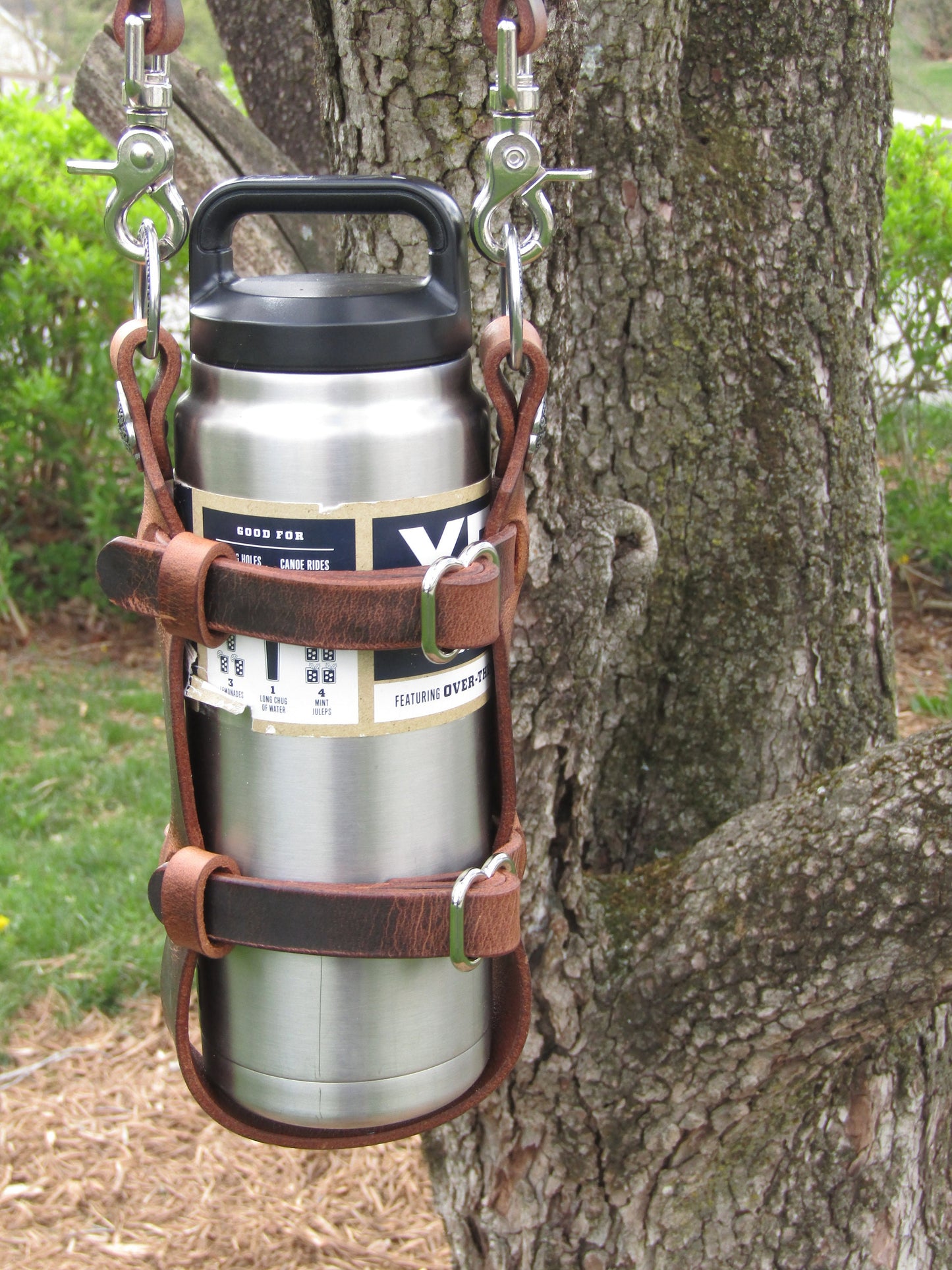 Adjustable Full Grain Water Buffalo leather water bottle carrier with shoulder strap, Jeremiah Watt Hardware