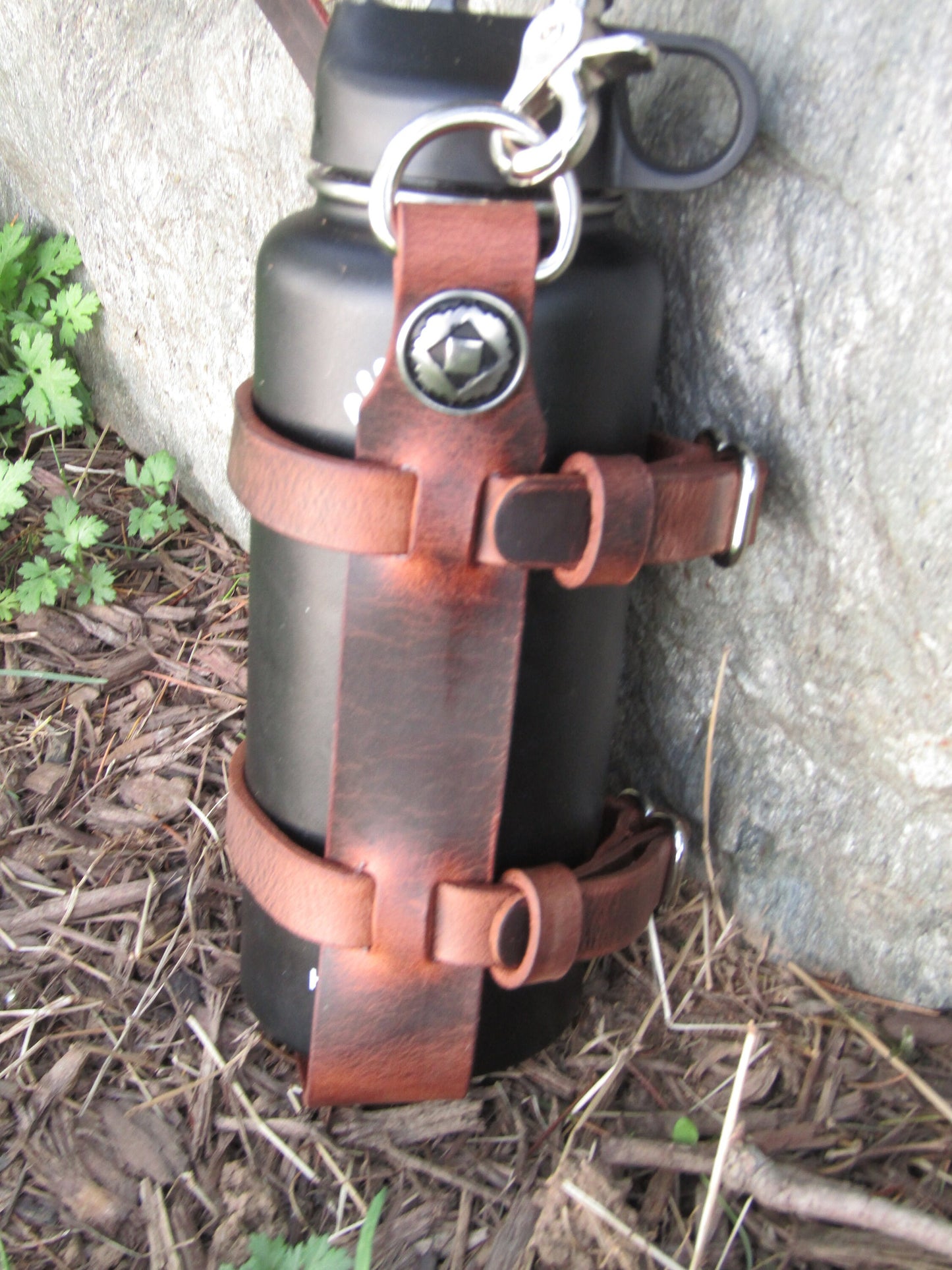 Adjustable Full Grain Water Buffalo leather water bottle carrier with shoulder strap, Jeremiah Watt Hardware