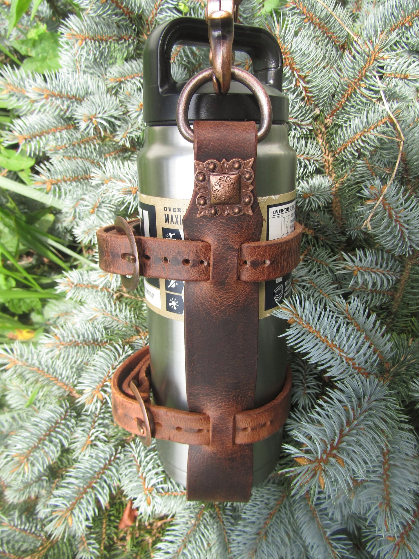Adjustable Full Grain Water Buffalo leather water bottle carrier with shoulder strap, copper finish conchos