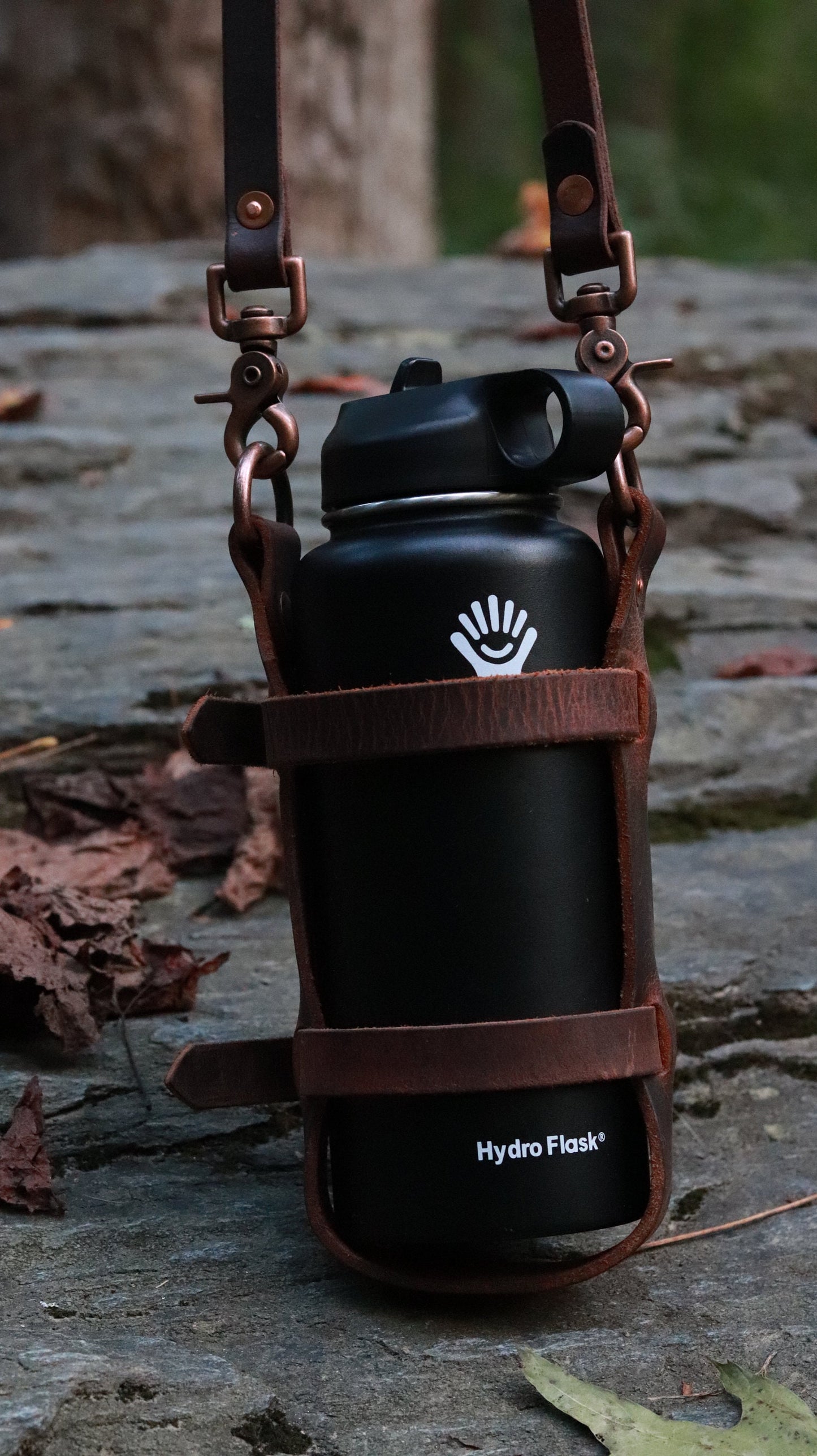 Adjustable leather water bottle carrier w/ shoulder strap Water Bottle Harness Refillable bottle strap Custom bottle carrying antique copper