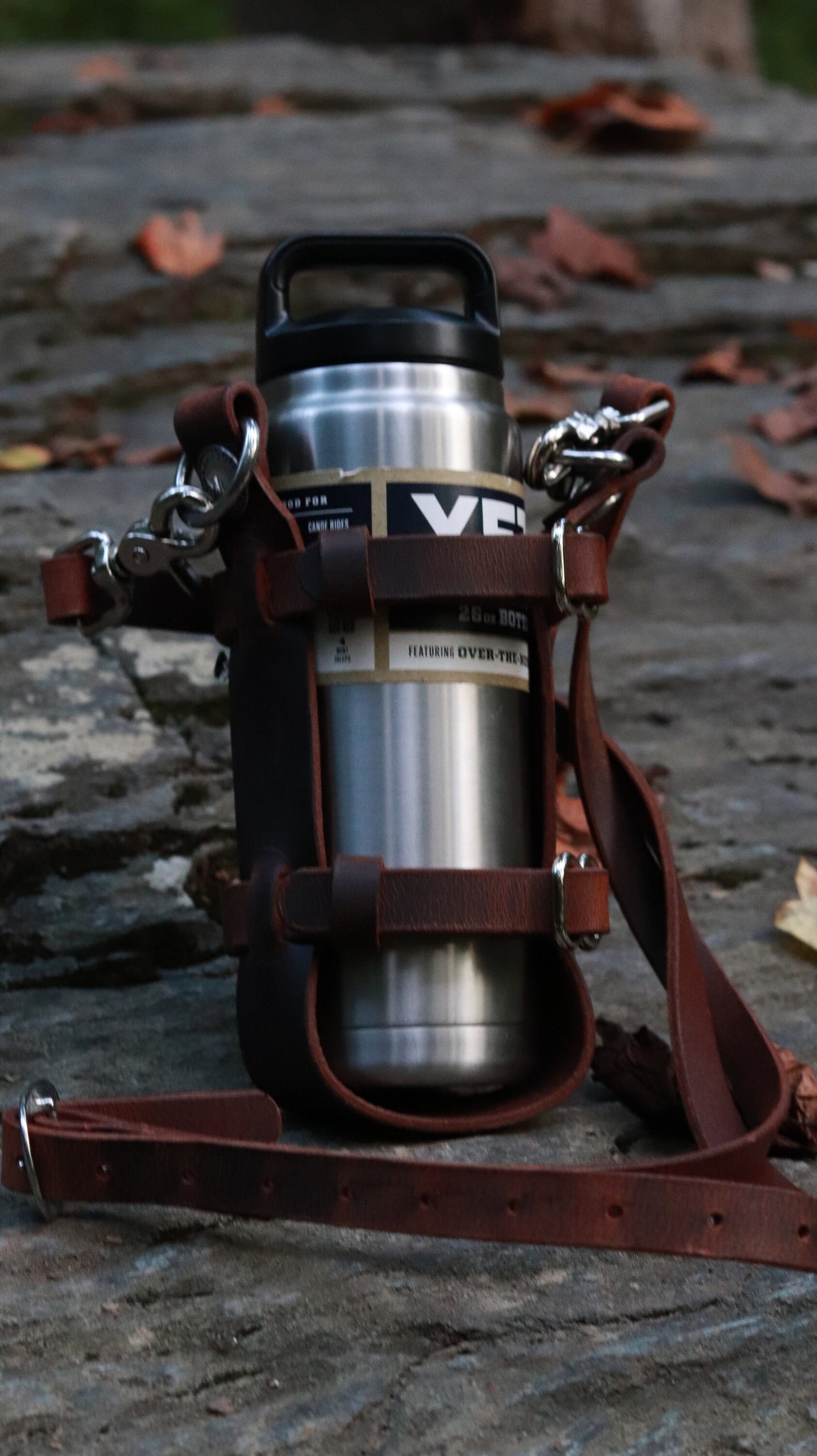 Adjustable Full Grain Water Buffalo leather water bottle carrier with shoulder strap, Jeremiah Watt Hardware