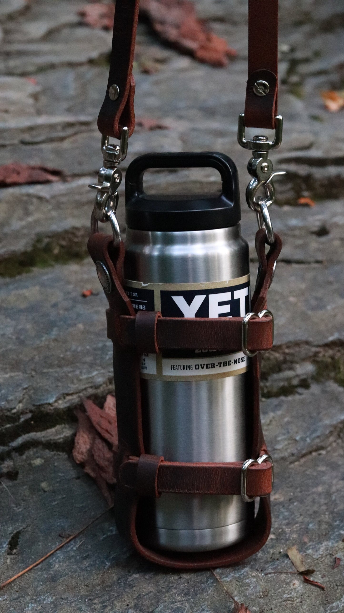 Adjustable Full Grain Water Buffalo leather water bottle carrier with shoulder strap, Jeremiah Watt Hardware