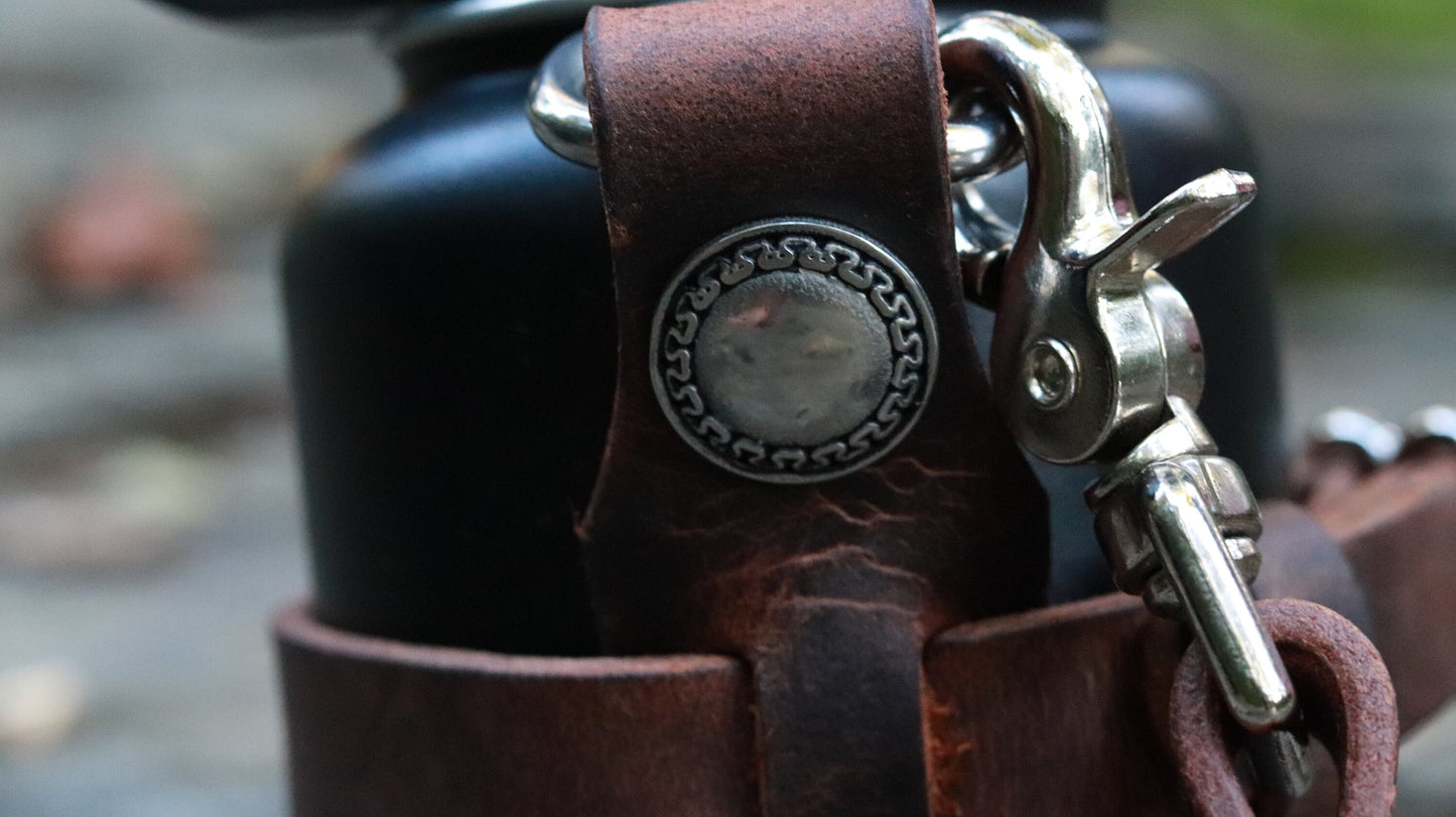 Adjustable Full Grain Water Buffalo leather water bottle carrier with shoulder strap, Jeremiah Watt Hardware