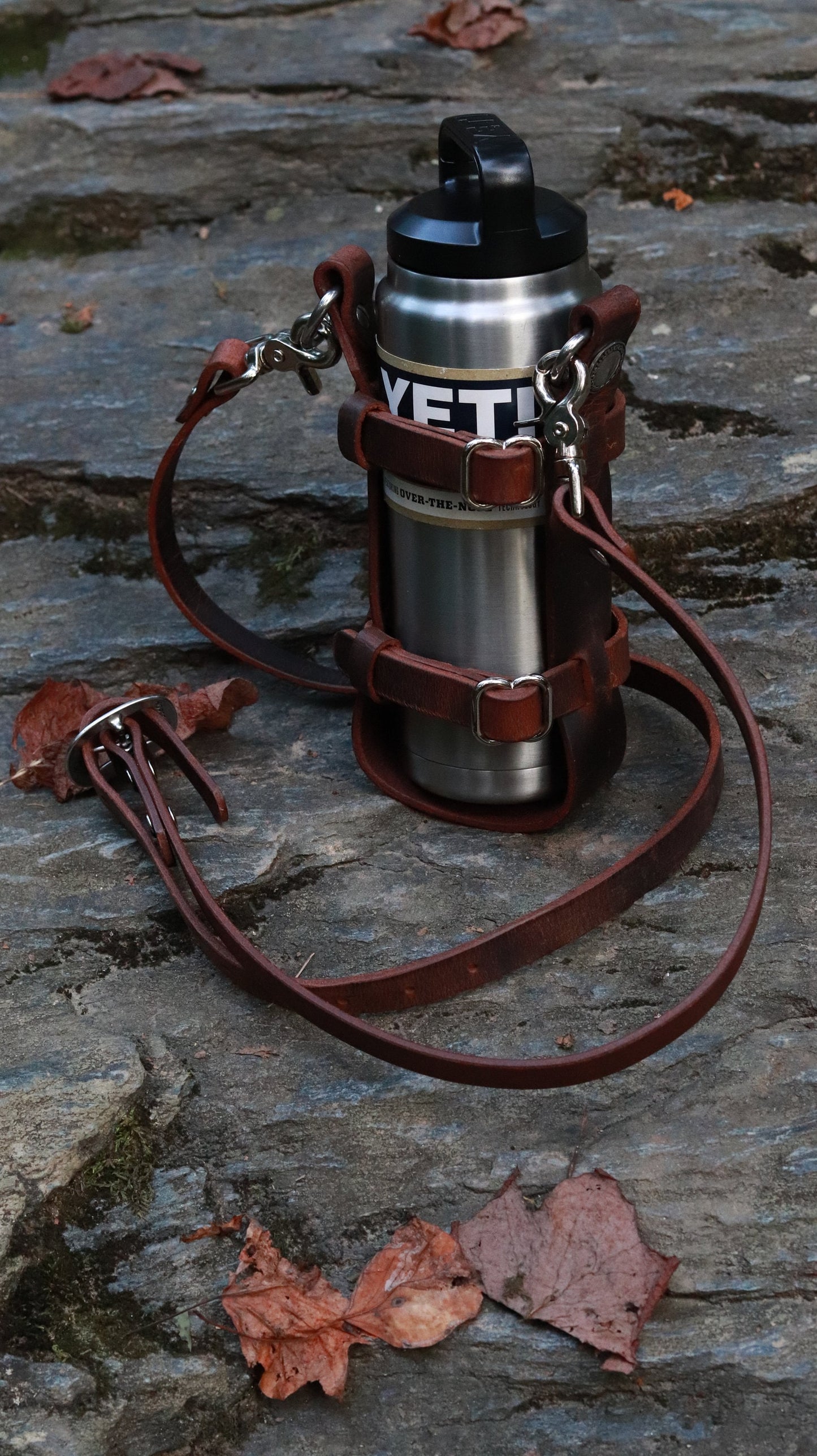 Adjustable Full Grain Water Buffalo leather water bottle carrier with shoulder strap, Jeremiah Watt Hardware