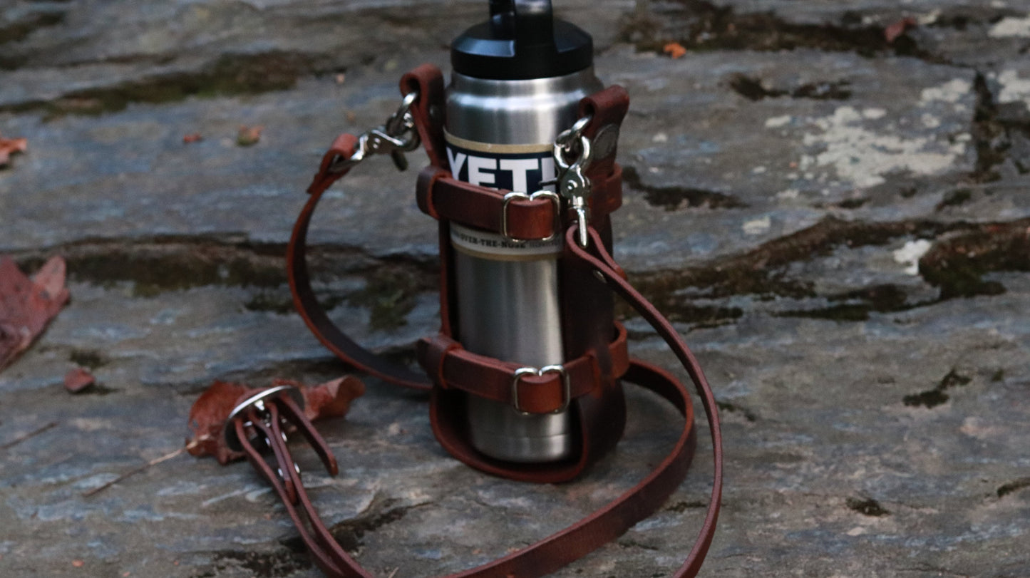 Adjustable Full Grain Water Buffalo leather water bottle carrier with shoulder strap, Jeremiah Watt Hardware