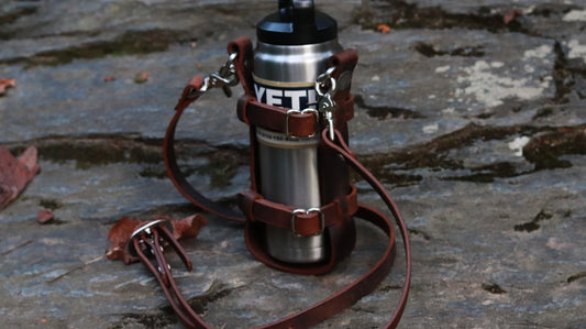 Adjustable Full Grain Water Buffalo leather water bottle carrier with shoulder strap, Jeremiah Watt Hardware