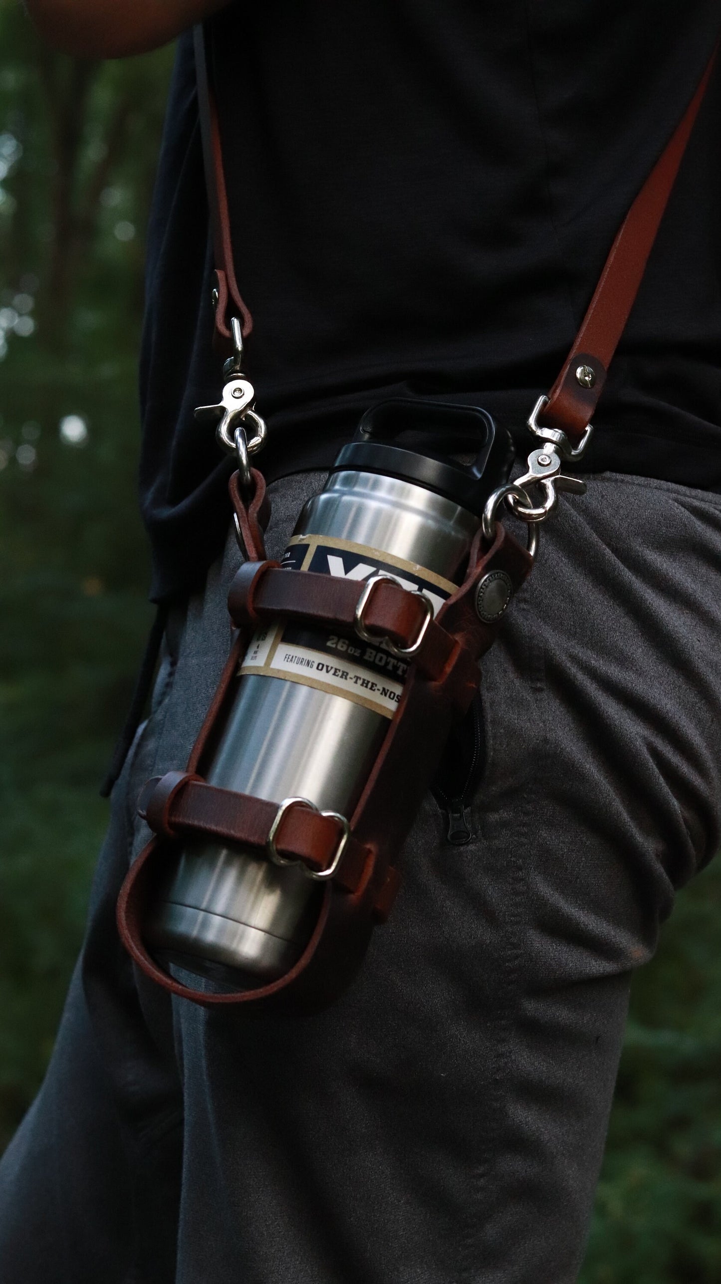 Adjustable Full Grain Water Buffalo leather water bottle carrier with shoulder strap, Jeremiah Watt Hardware