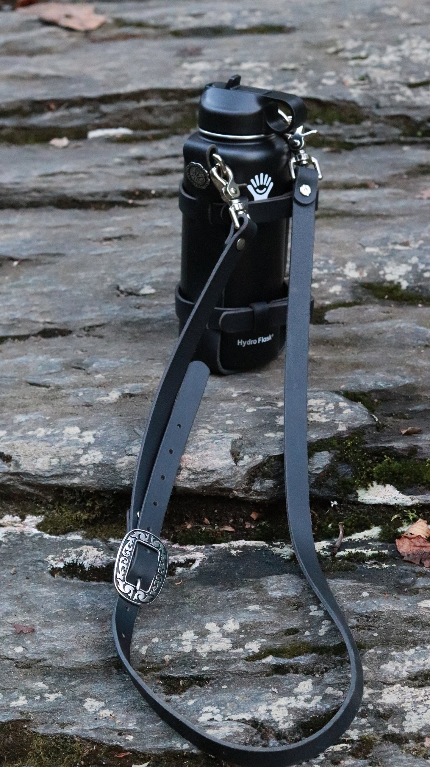 Adjustable Full Grain black Water Buffalo leather water bottle carrier with shoulder strap, Jeremiah Watt Hardware