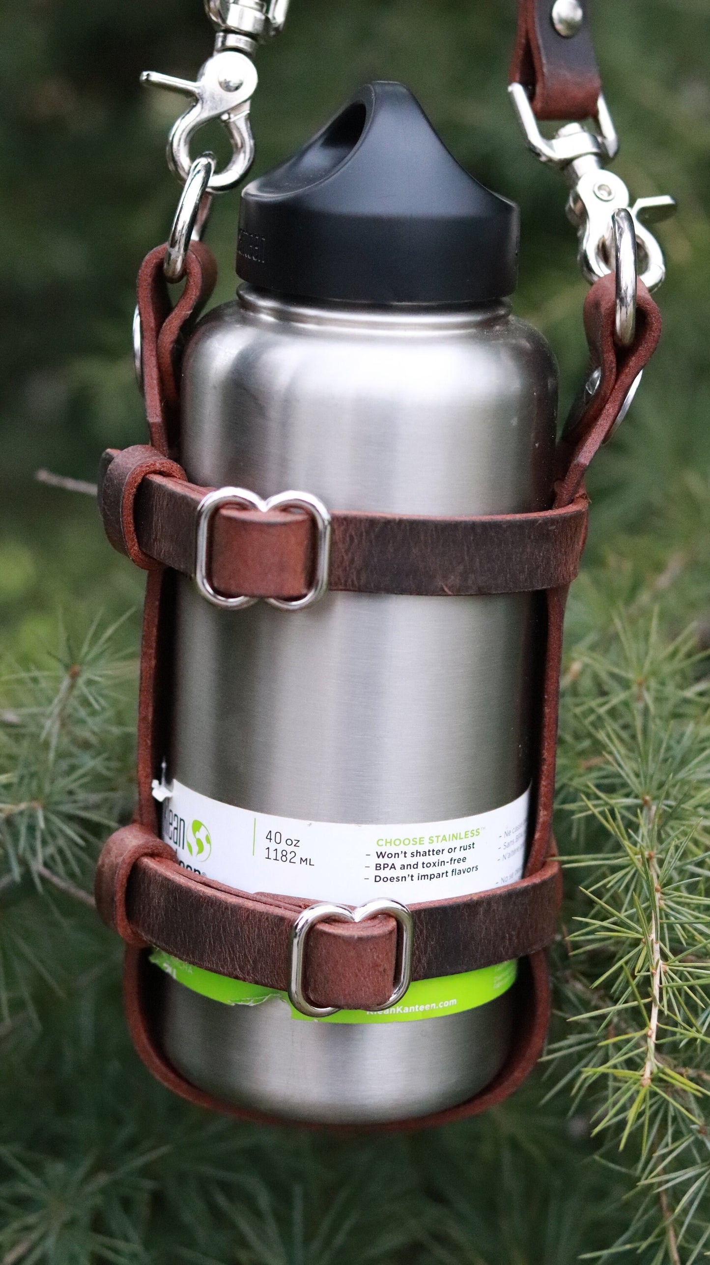 Adjustable Full Grain Water Buffalo leather water bottle carrier with shoulder strap, Jeremiah Watt Hardware