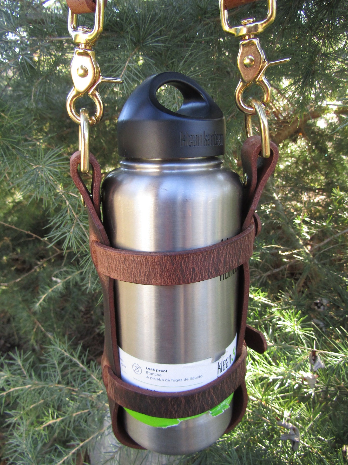Adjustable Full Grain Water Buffalo leather water bottle carrier with shoulder strap