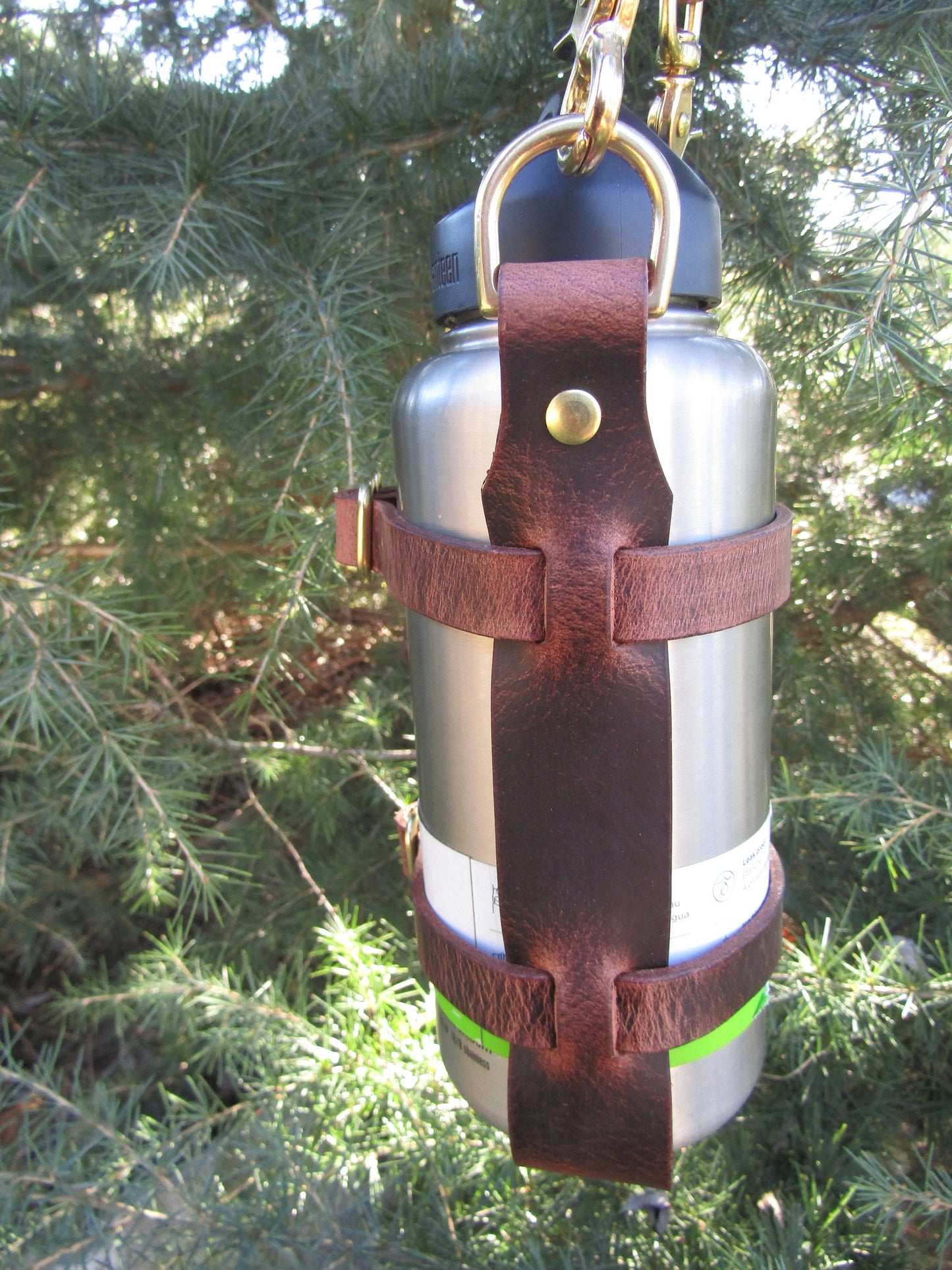 Adjustable Full Grain Water Buffalo leather water bottle carrier with shoulder strap