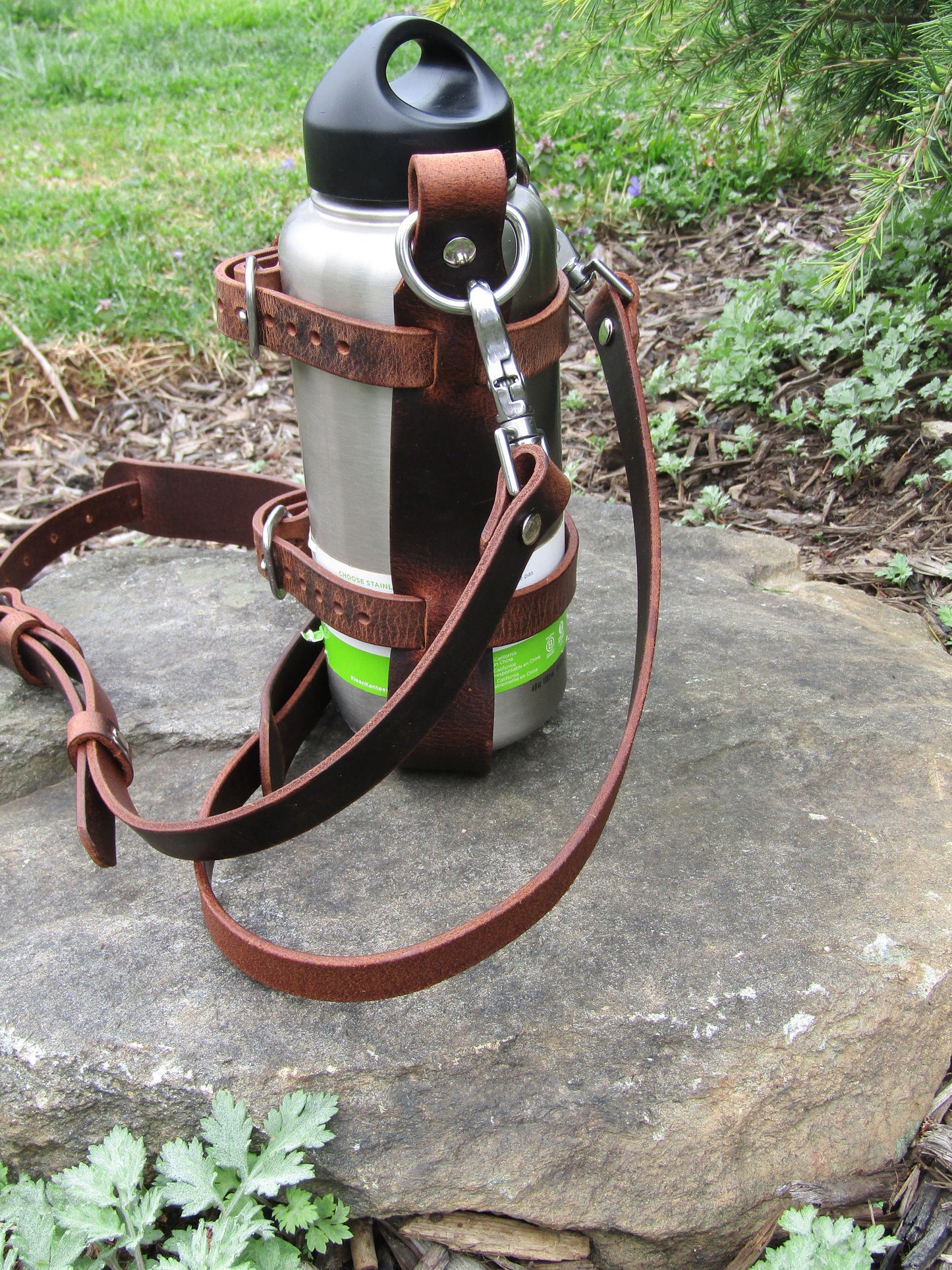 Adjustable Full Grain Water Buffalo leather water bottle carrier with shoulder strap
