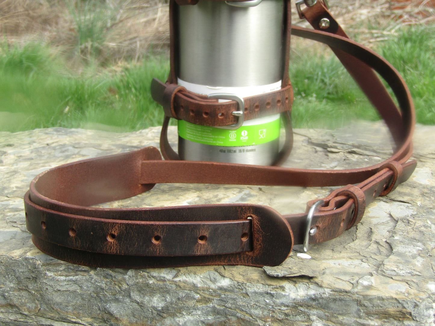 Adjustable Full Grain Water Buffalo leather water bottle carrier with shoulder strap