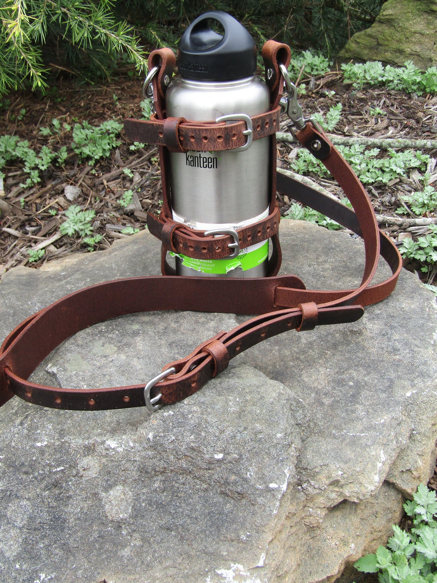 Adjustable Full Grain Water Buffalo leather water bottle carrier with shoulder strap