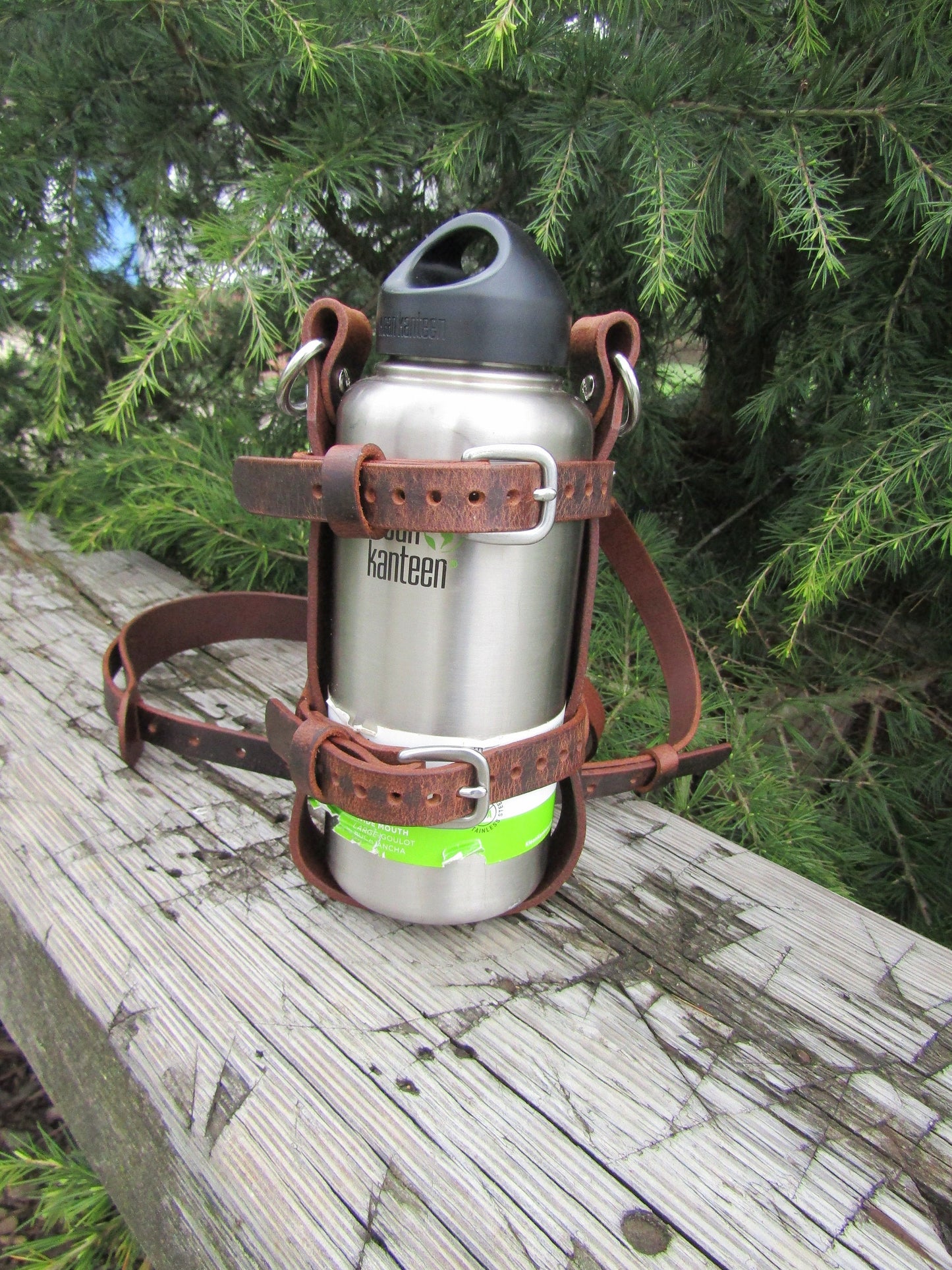 Adjustable Full Grain Water Buffalo leather water bottle carrier with shoulder strap