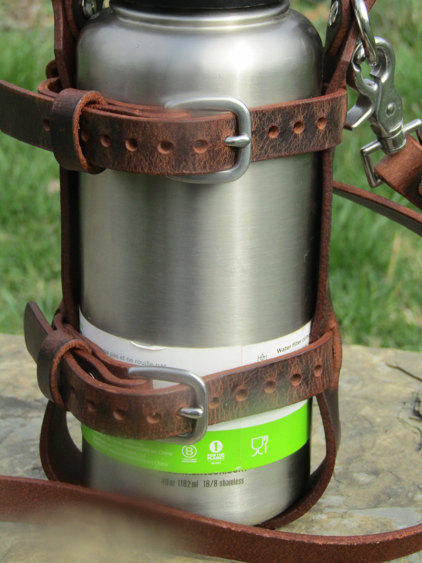 Adjustable Full Grain Water Buffalo leather water bottle carrier with shoulder strap