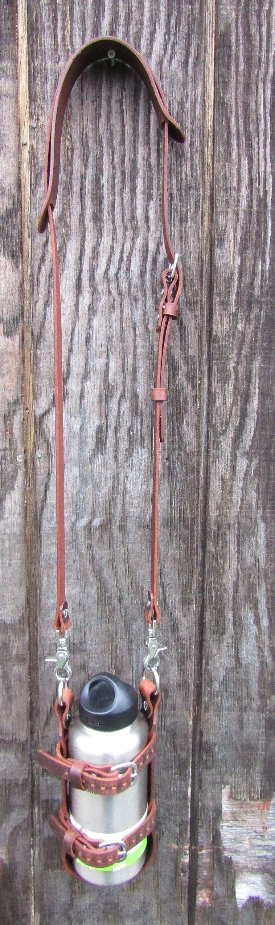 Adjustable Full Grain Water Buffalo leather water bottle carrier with shoulder strap