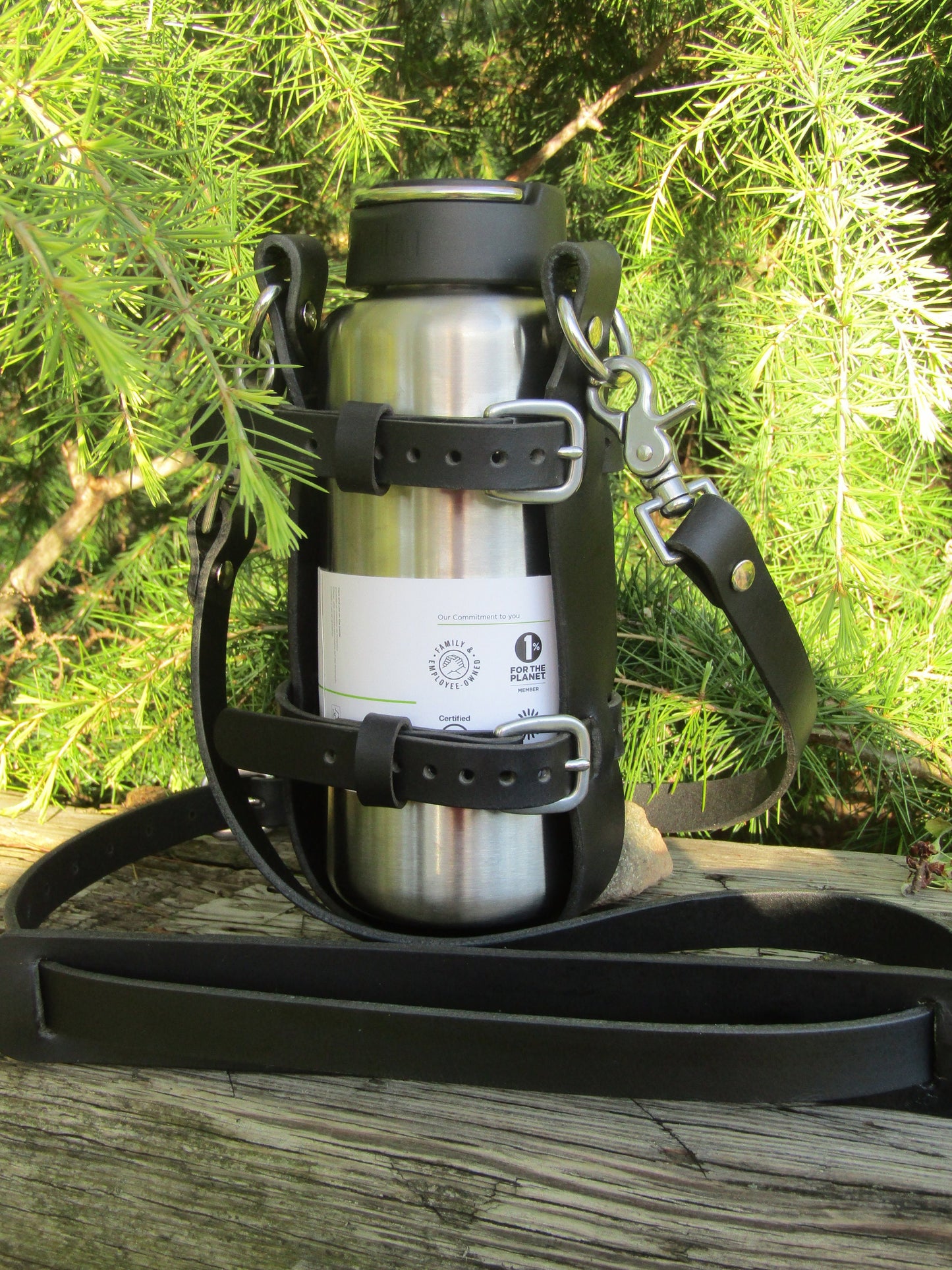 Adjustable Full Grain Water Buffalo leather water bottle carrier with shoulder strap, Stainless Steel