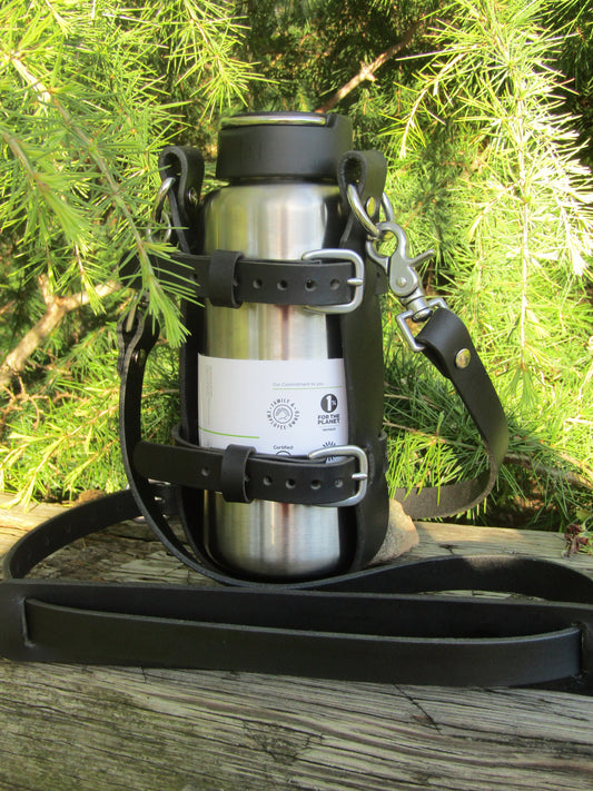 Adjustable Full Grain Water Buffalo leather water bottle carrier with shoulder strap, Stainless Steel