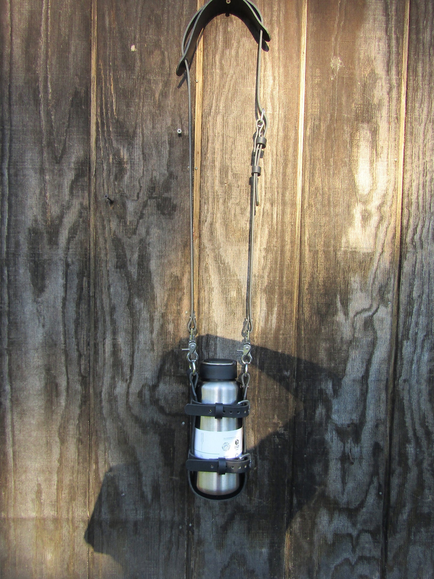 Adjustable Full Grain Water Buffalo leather water bottle carrier with shoulder strap, Stainless Steel