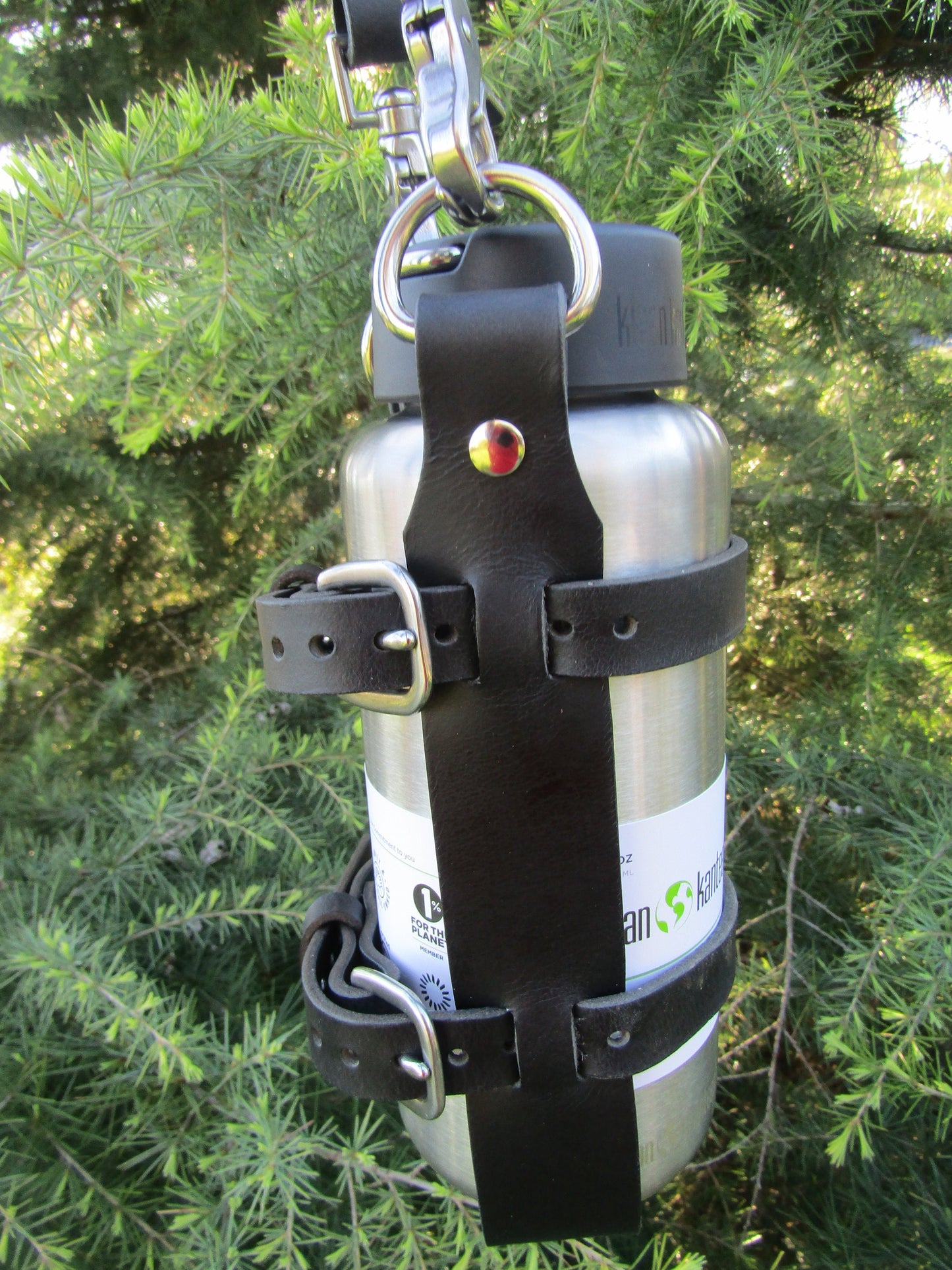 Adjustable Full Grain Water Buffalo leather water bottle carrier with shoulder strap, Stainless Steel