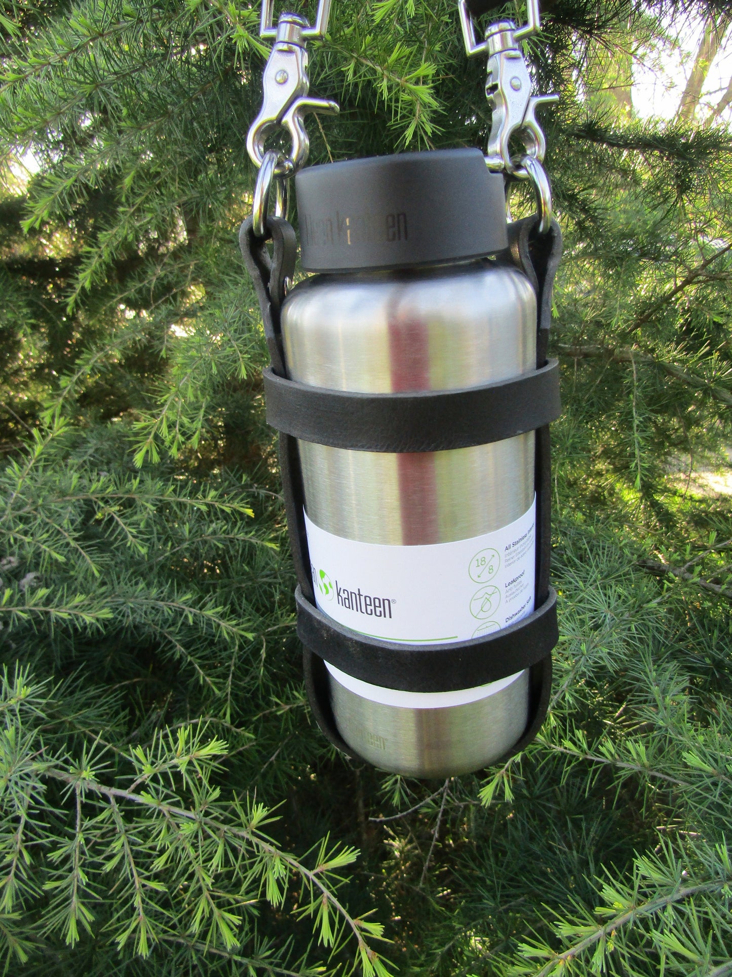Adjustable Full Grain Water Buffalo leather water bottle carrier with shoulder strap, Stainless Steel