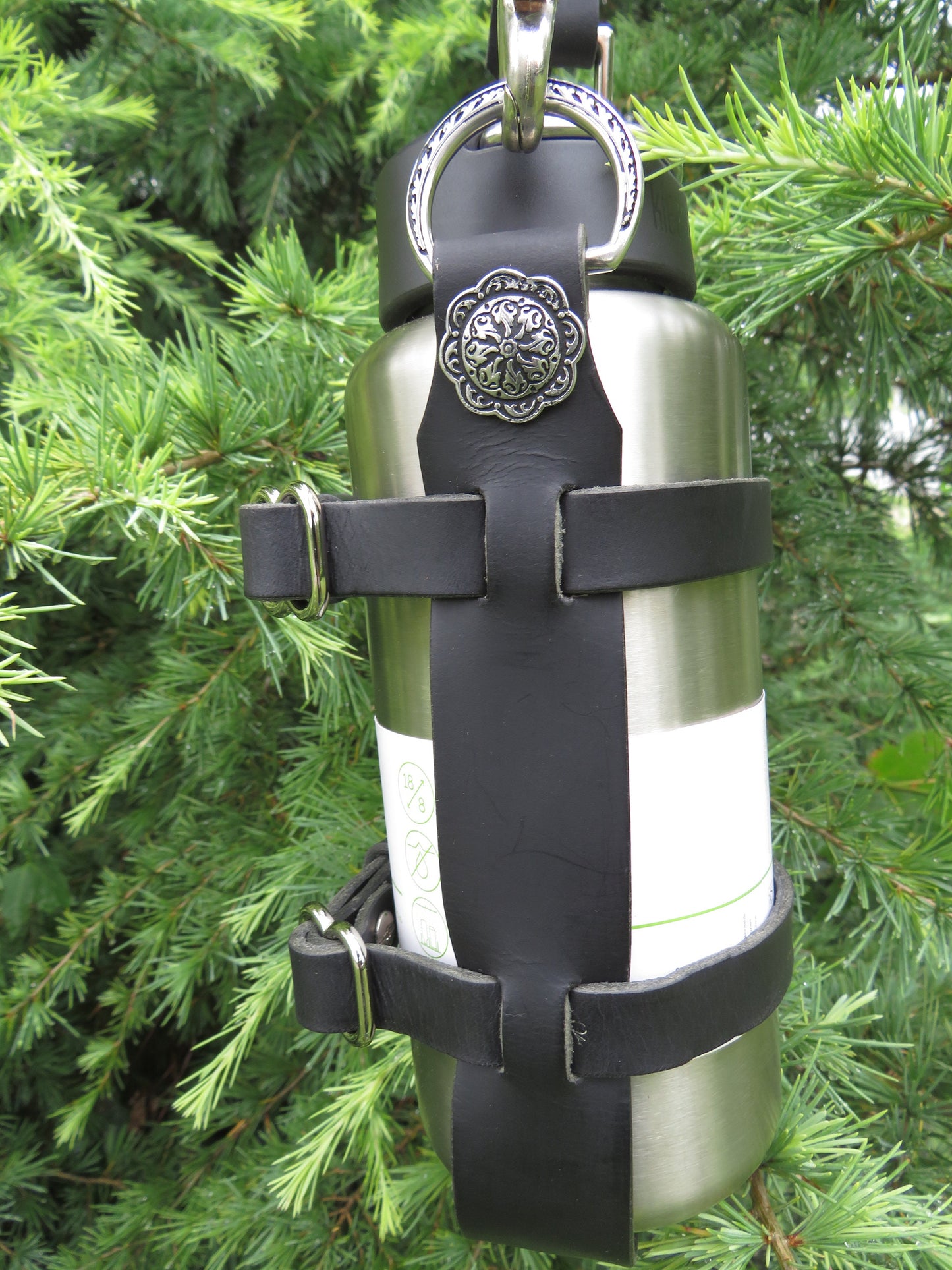 Black Adjustable leather water bottle carrier with shoulder strap