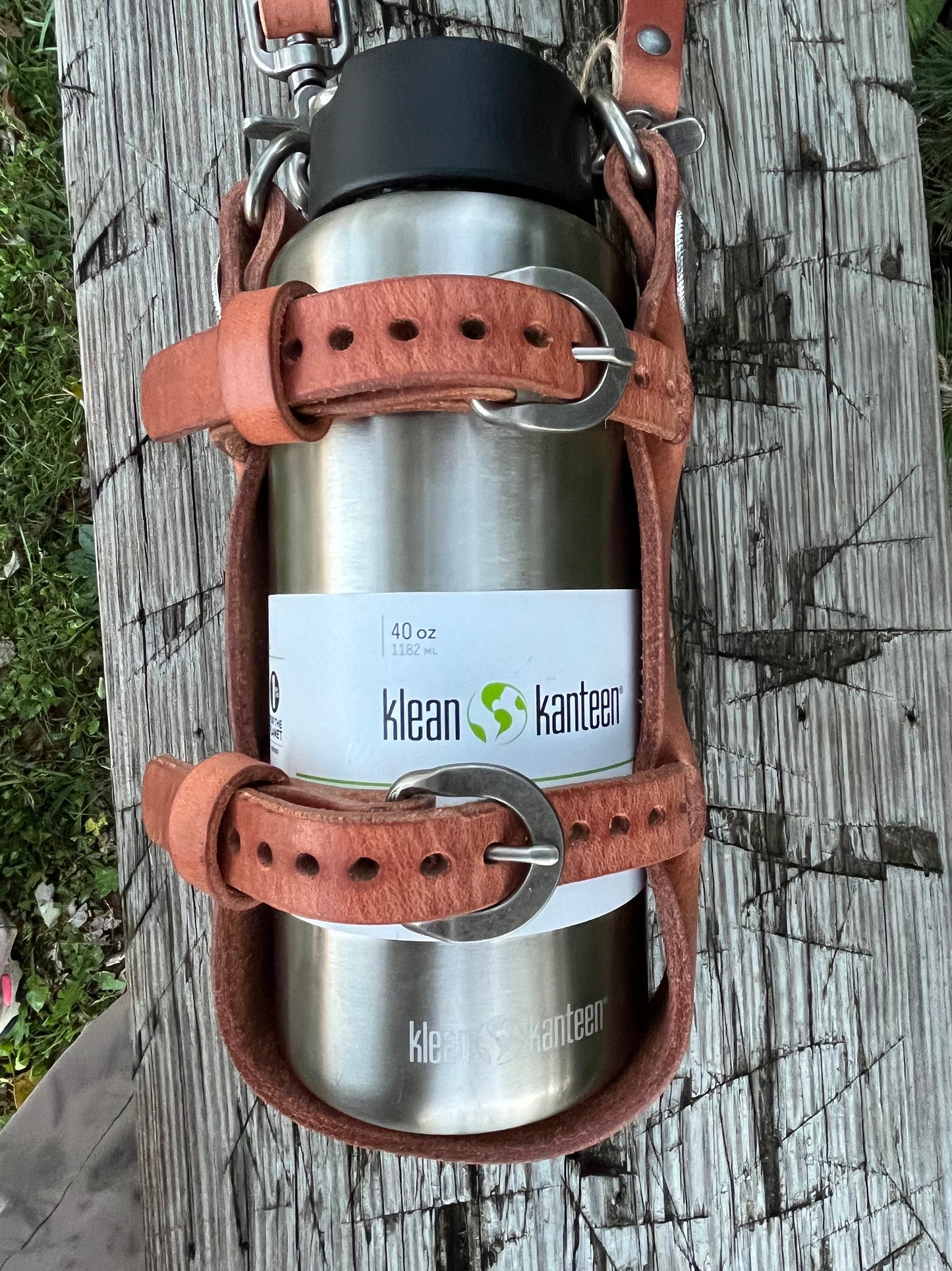 Adjustable Hermann Oak harness leather water bottle carrier with shoulder strap, Compass Conchos water bottle harness water bottle