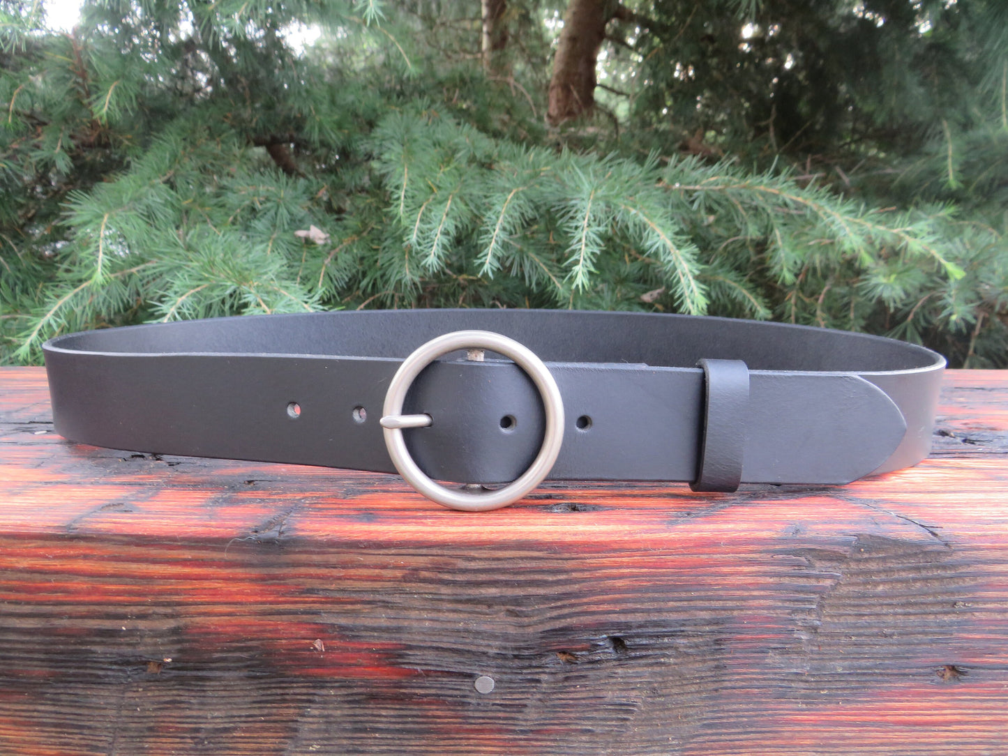 Custom Leather Ring Belt - Black leather belt Wide Circle Buckle,