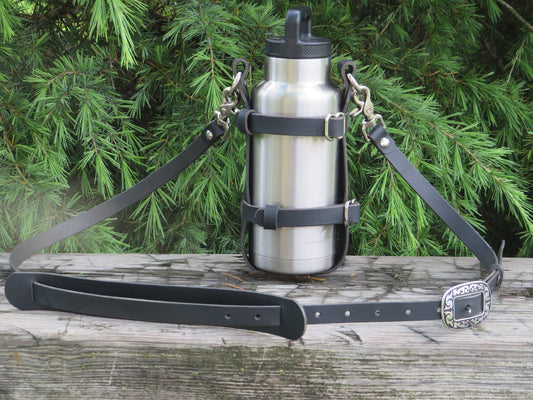 Black Adjustable Full Grain leather water bottle carrier with shoulder strap, Jeremiah Watt Hardware