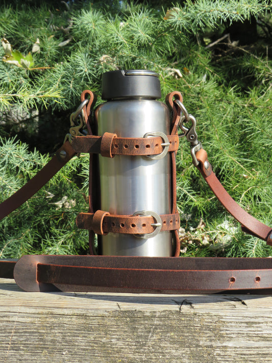 Adjustable Full Grain Water Buffalo leather water bottle carrier with shoulder strap