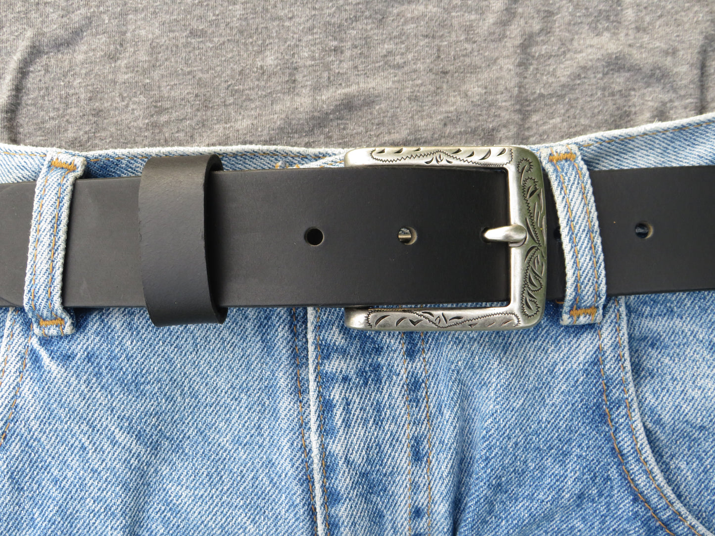 1 1/2" wide full grain leather belt Embossed buckle