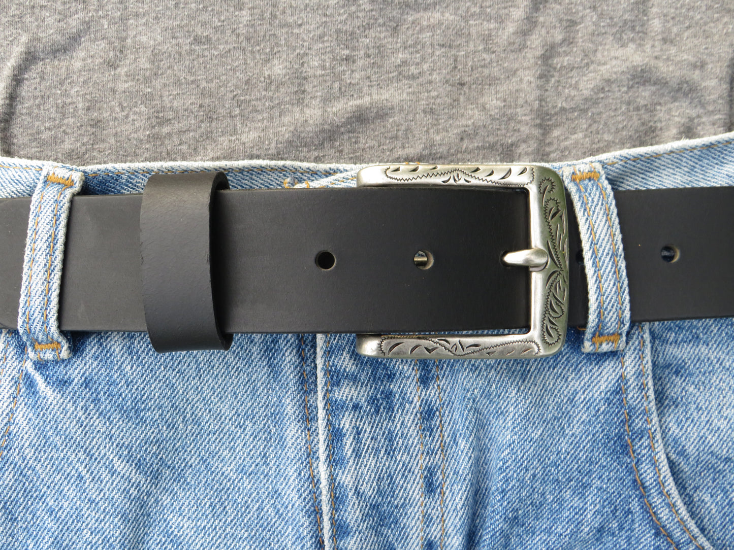 1 1/2" wide full grain leather belt Embossed buckle