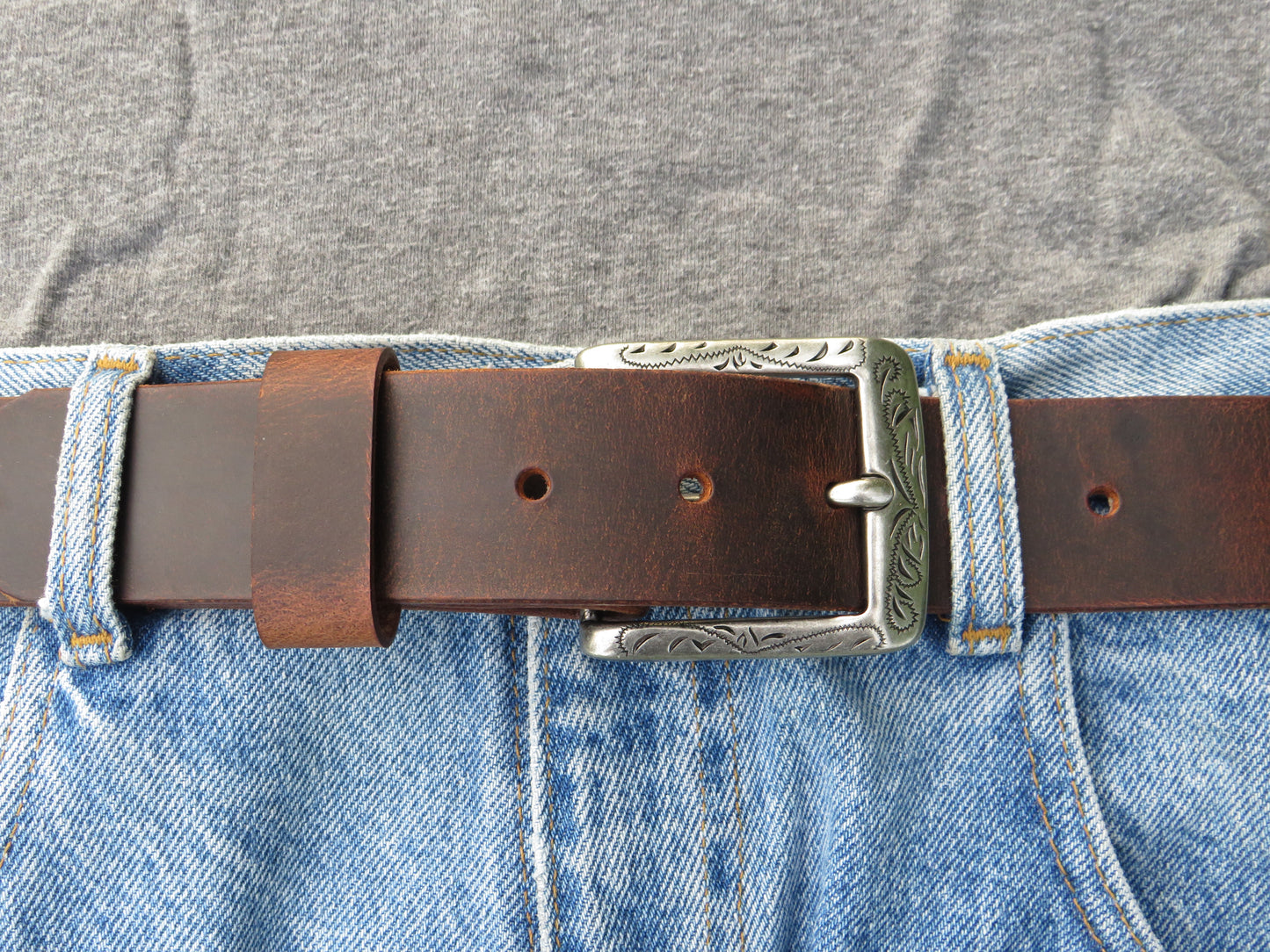1 1/2" wide full grain leather belt Embossed buckle