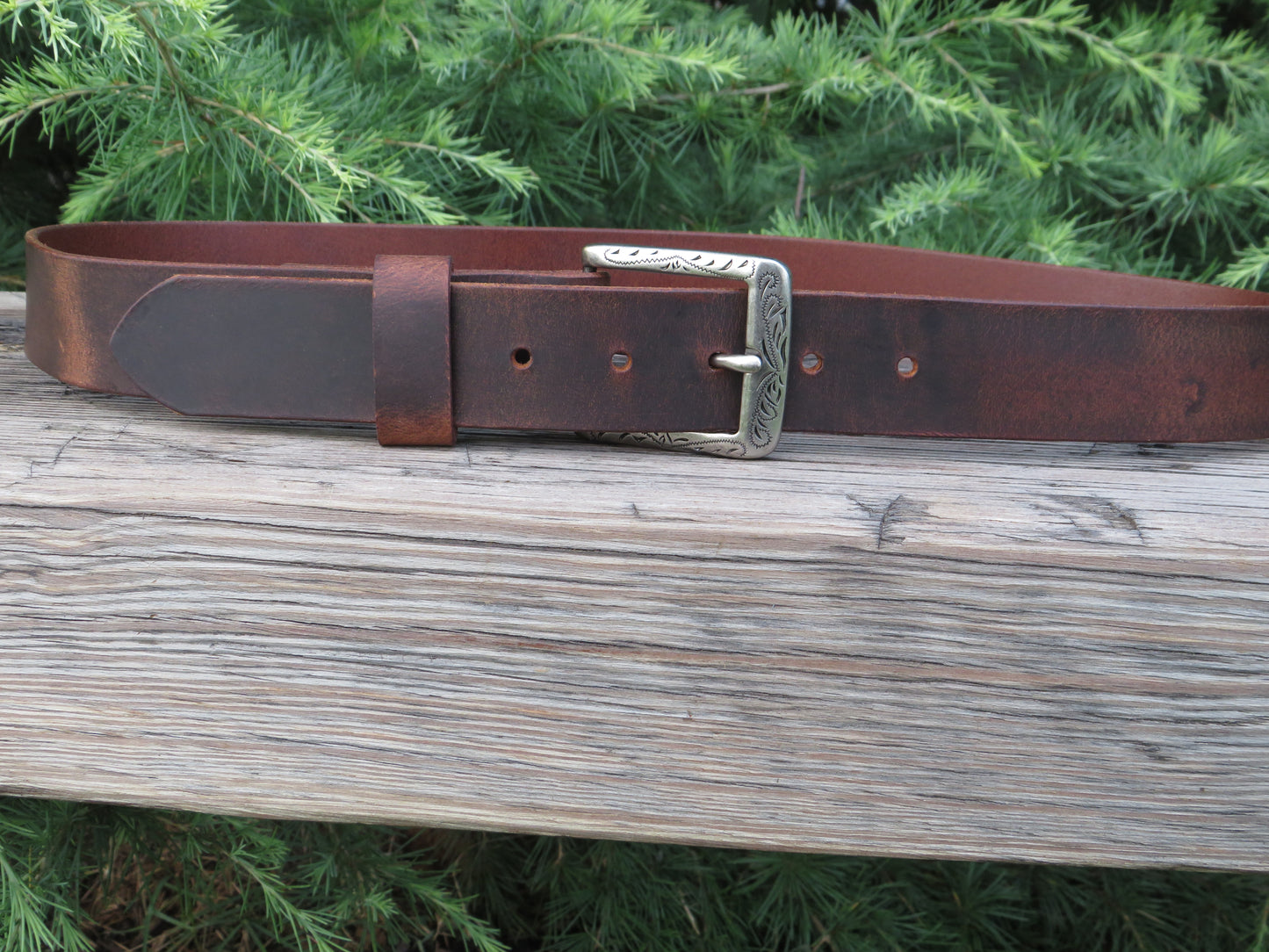 1 1/2" wide full grain leather belt Embossed buckle