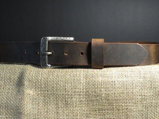 1 1/2" wide full grain leather belt Embossed buckle