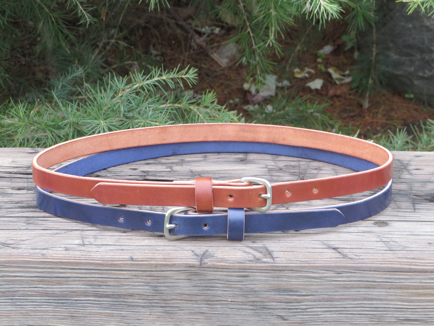 3/4" wide Wickett and Craig Harness Leather belt Navy Blue and Classic tan