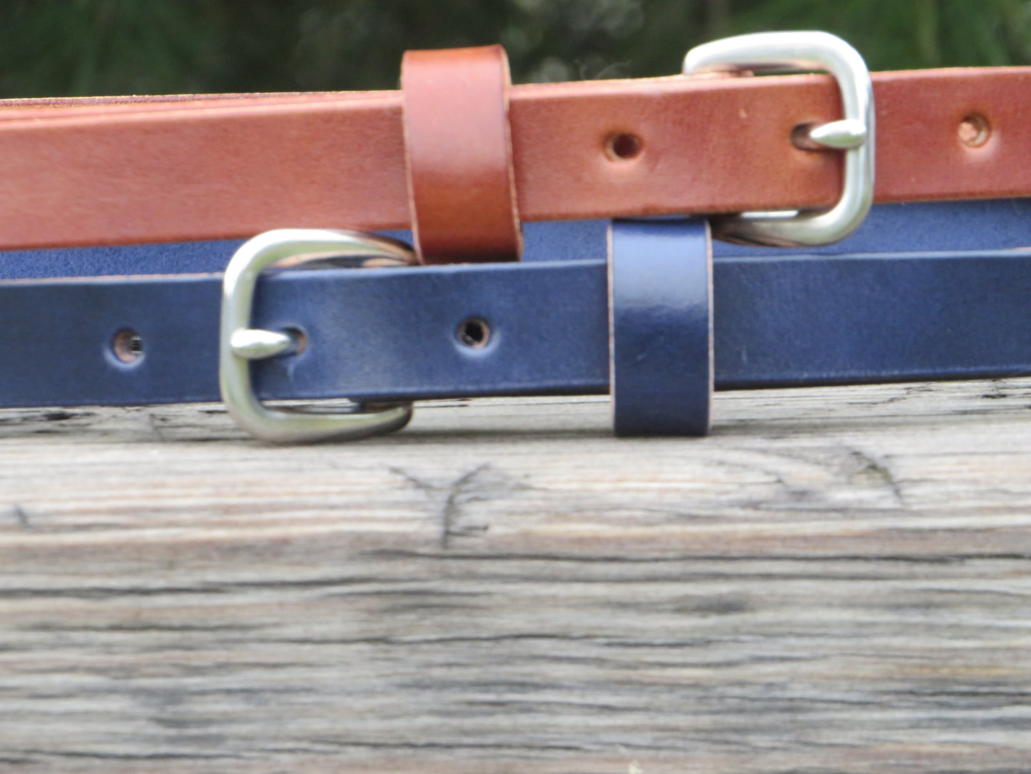 3/4" wide Wickett and Craig Harness Leather belt Navy Blue and Classic tan