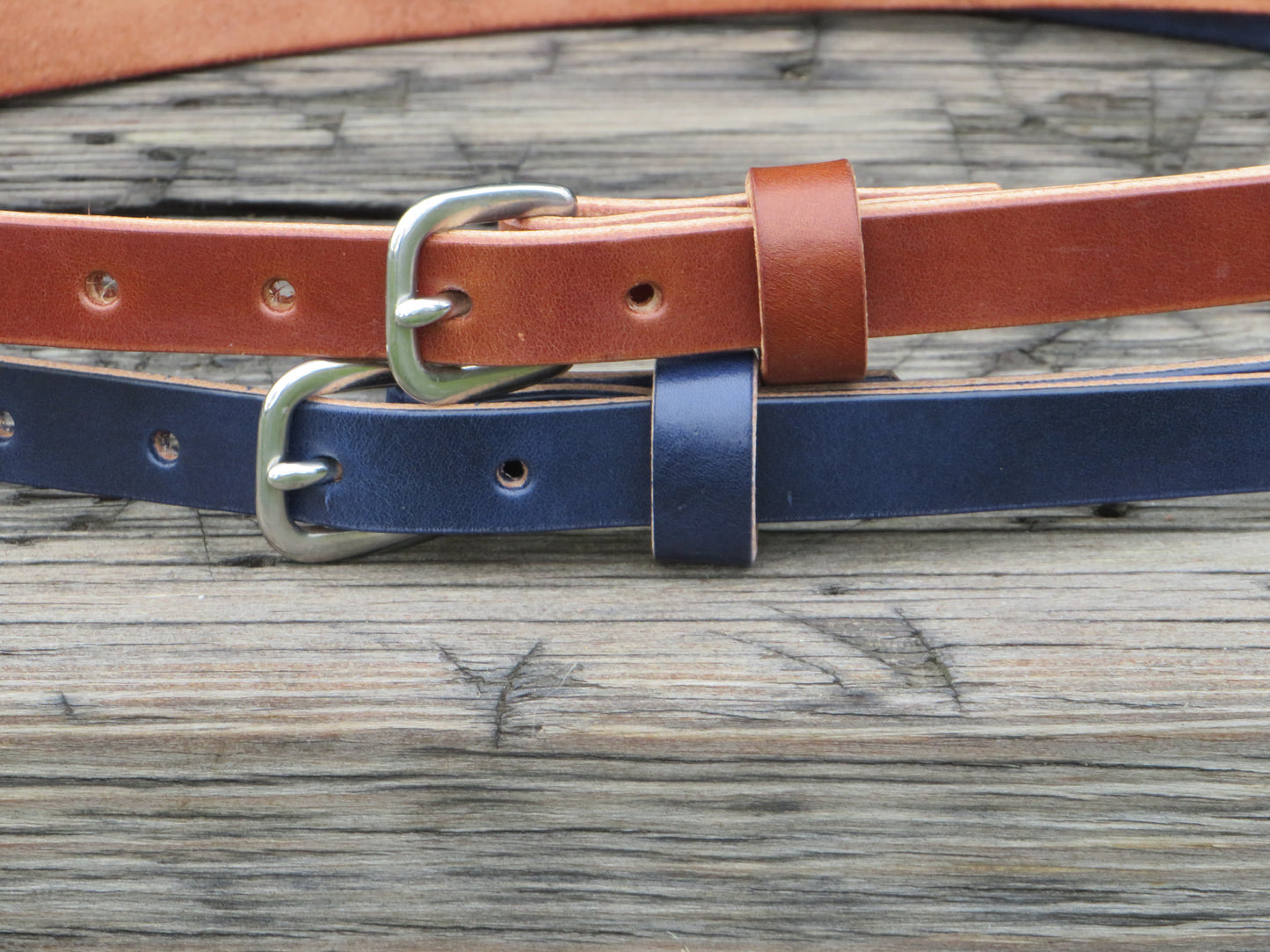 3/4" wide Wickett and Craig Harness Leather belt Navy Blue and Classic tan