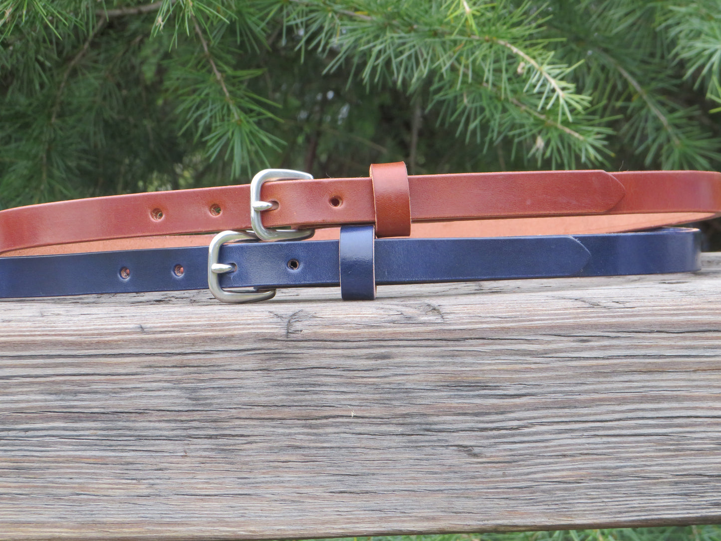 3/4" wide Wickett and Craig Harness Leather belt Navy Blue and Classic tan