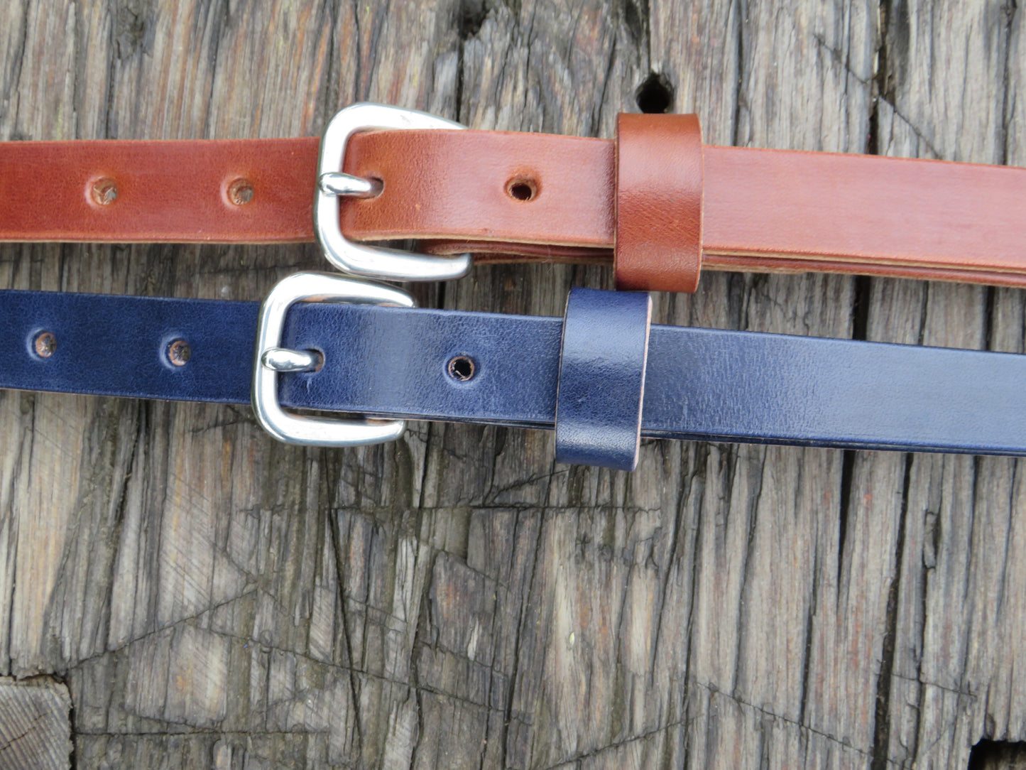 3/4" wide Wickett and Craig Harness Leather belt Navy Blue and Classic tan