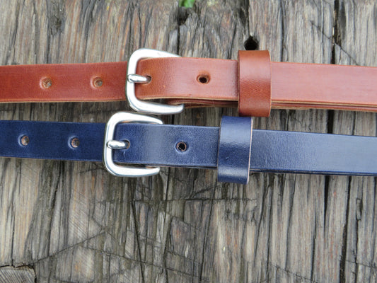 3/4" wide Wickett and Craig Harness Leather belt Navy Blue and Classic tan