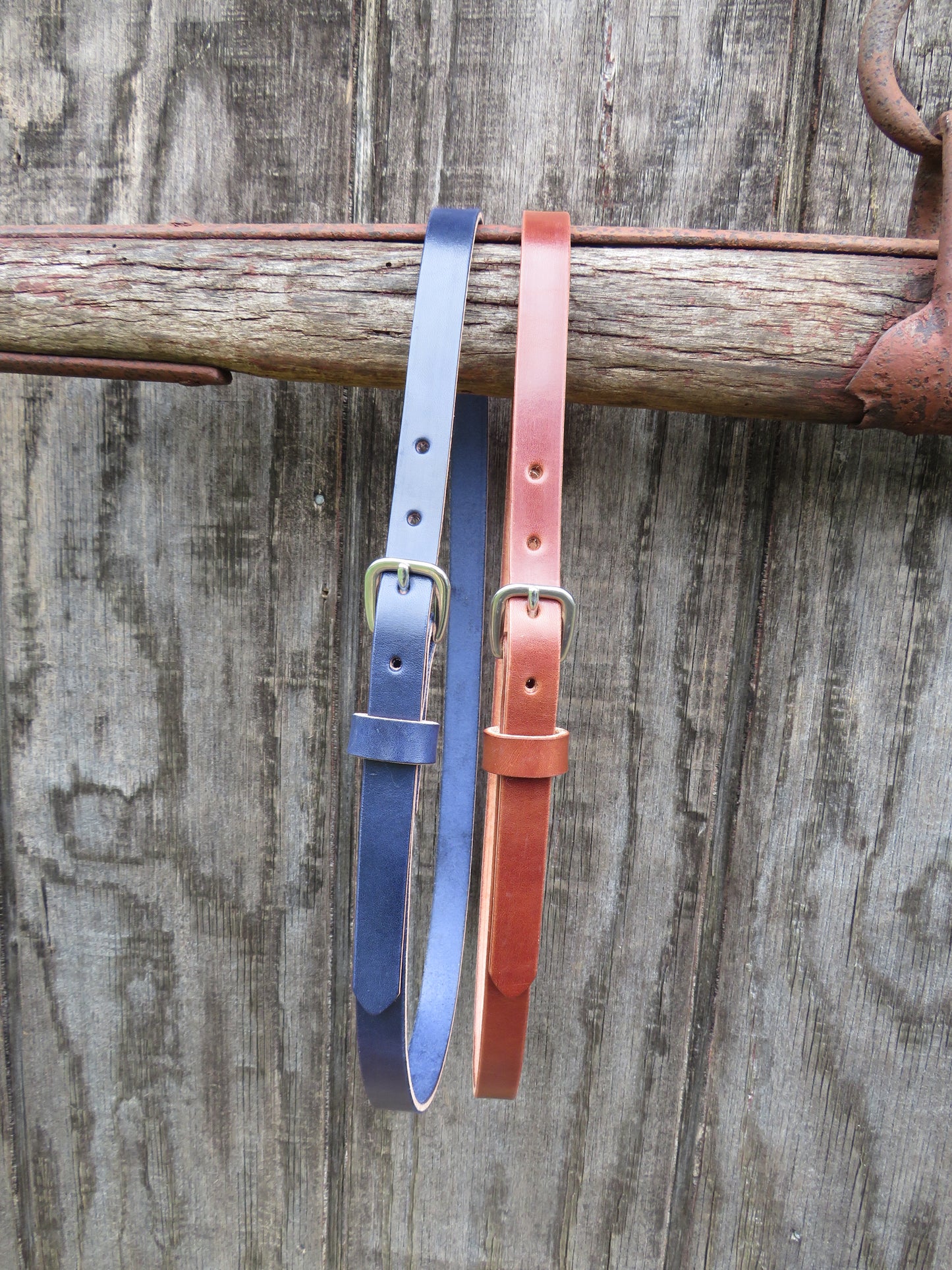3/4" wide Wickett and Craig Harness Leather belt Navy Blue and Classic tan