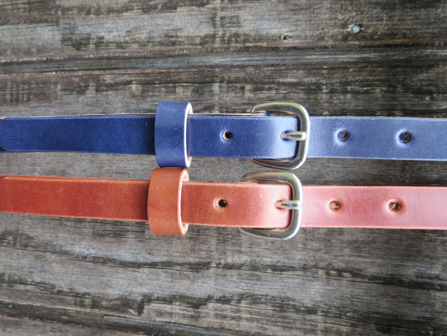 3/4" wide Wickett and Craig Harness Leather belt Navy Blue and Classic tan