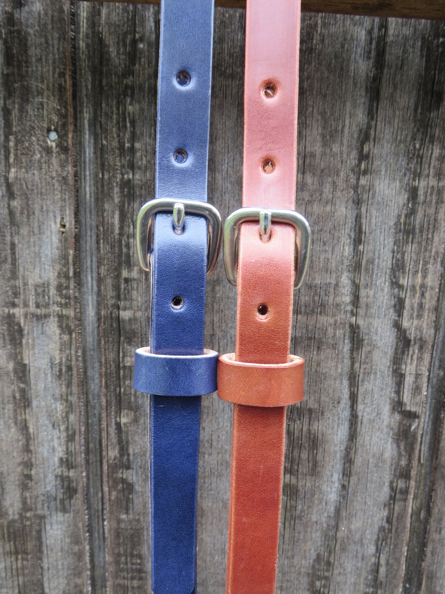 3/4" wide Wickett and Craig Harness Leather belt Navy Blue and Classic tan